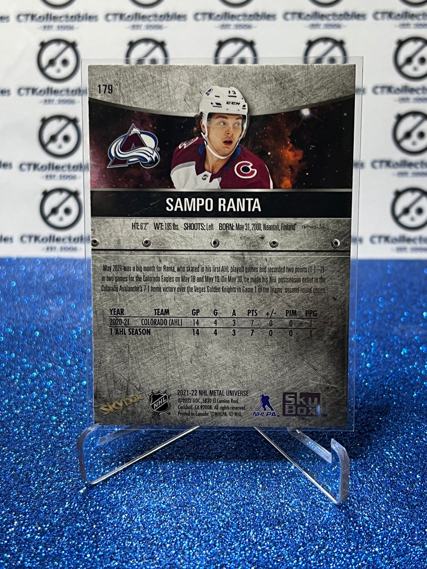 2021-22 SKYBOX METAL SAMPO RANTA # 179 ROOKIE COLORADO AVALANCHE HOCKEY CARD