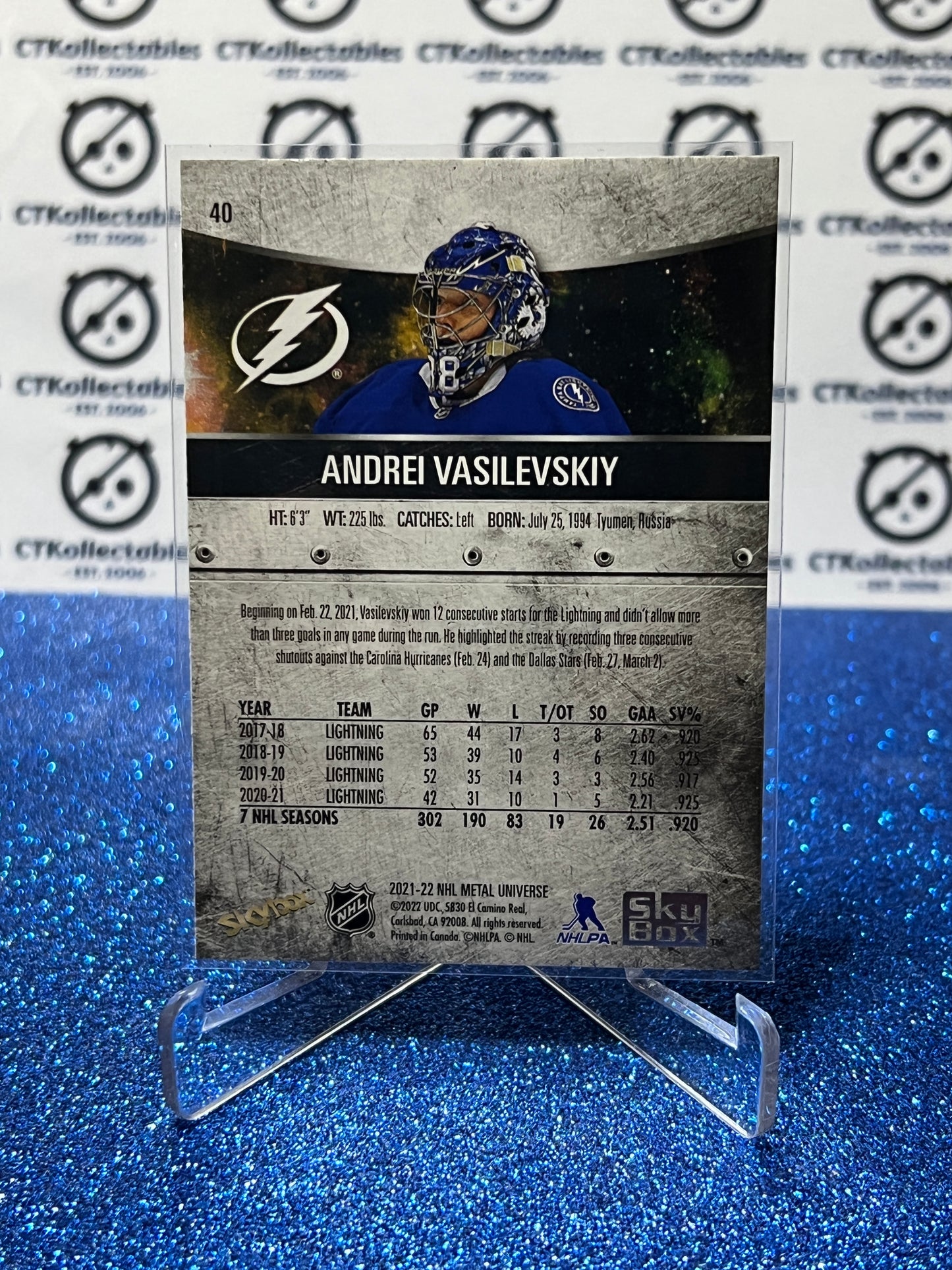 2021-22 SKYBOX METAL ANDREI VASILEVSKIY # 40 TAMPA BAY LIGHTNING HOCKEY CARD