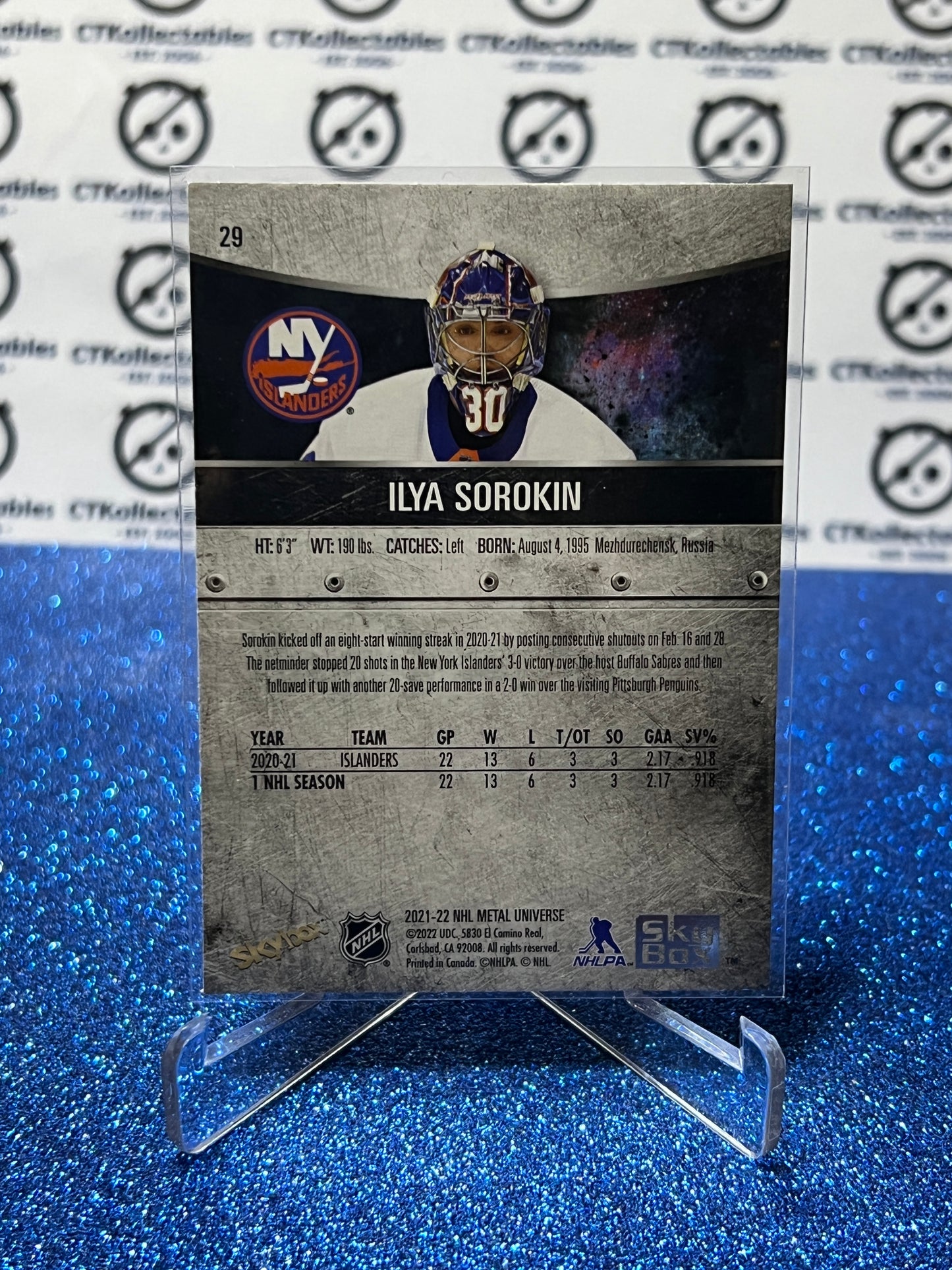 2021-22 SKYBOX METAL ILYA SOROKIN # 29  ROOKIE NEW YORK ISLANDERS NHL HOCKEY CARD