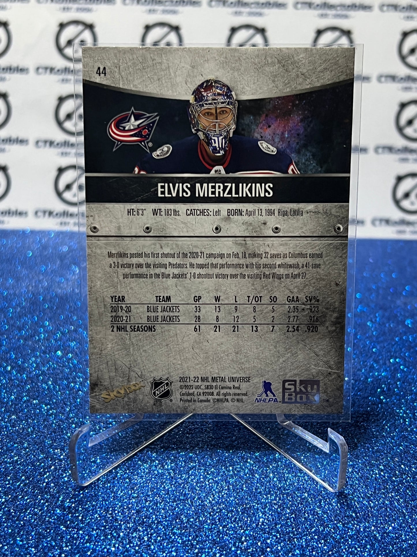 2021-22 SKYBOX METAL ELVIS MERZLIKINS # 44 COLUMBUS BLUE JACKETS NHL HOCKEY CARD