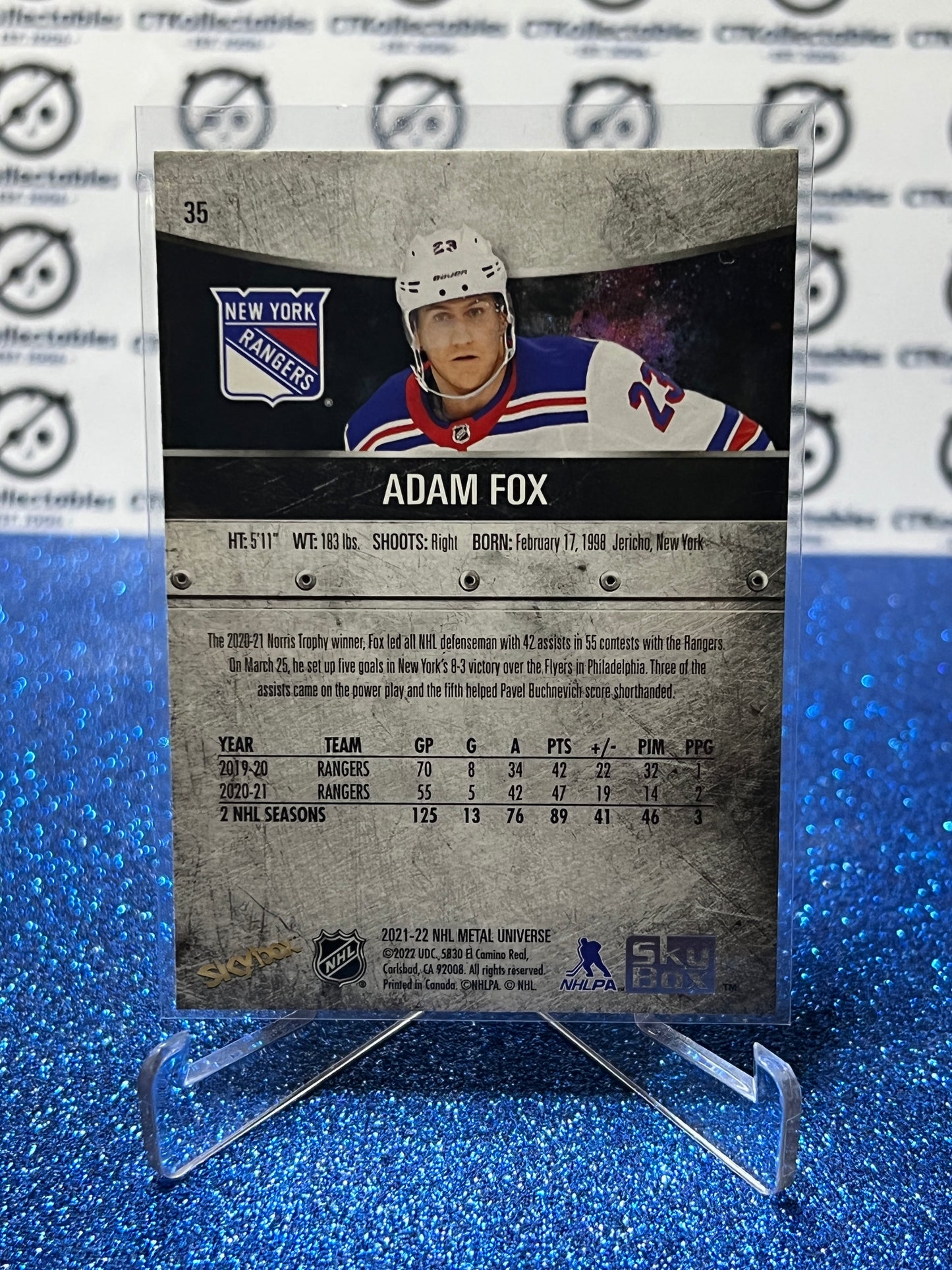 2021-22 SKYBOX METAL ADAM FOX # 35 NEW YORK RANGERS NHL HOCKEY CARD