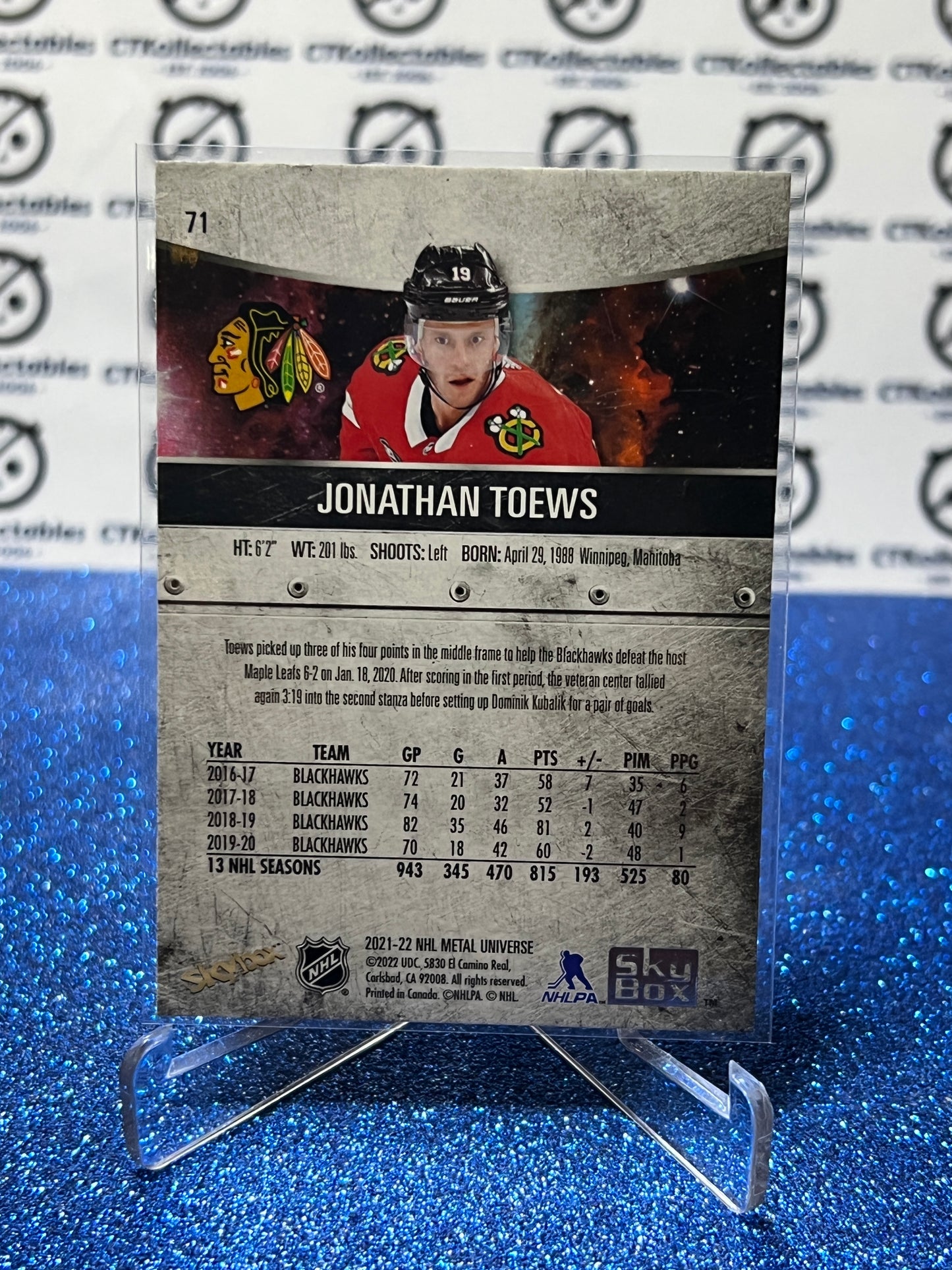 2021-22 SKYBOX METAL JONATHAN TOWS # 71 CHICAGO BLACKHAWKS  NHL HOCKEY CARD