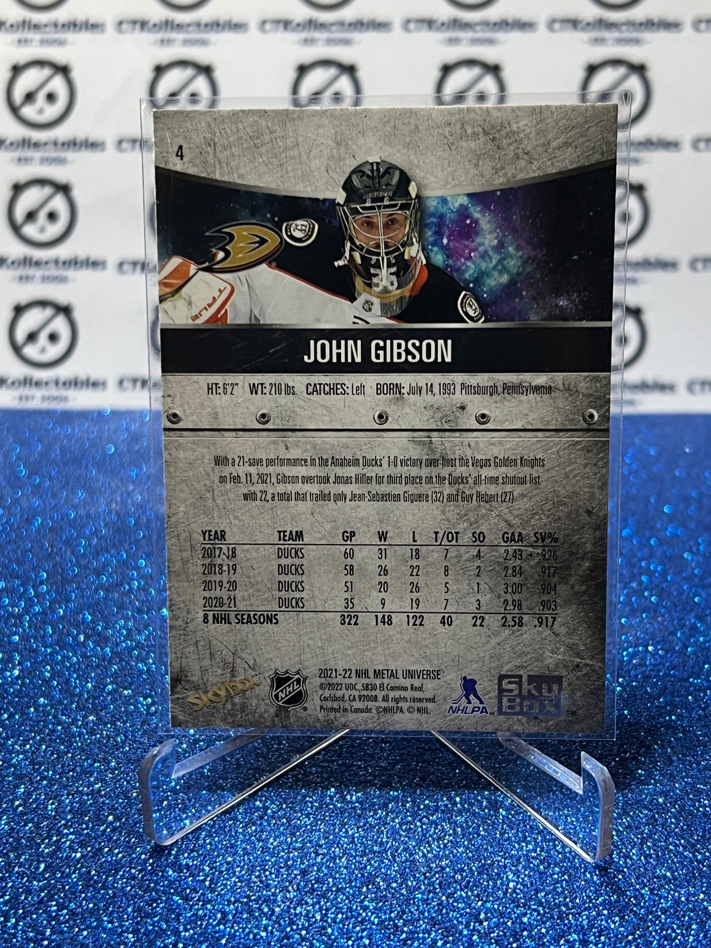 2021-22 SKYBOX METAL JOHN GIBSON # 4 ANAHEIM DUCKS NHL HOCKEY CARD