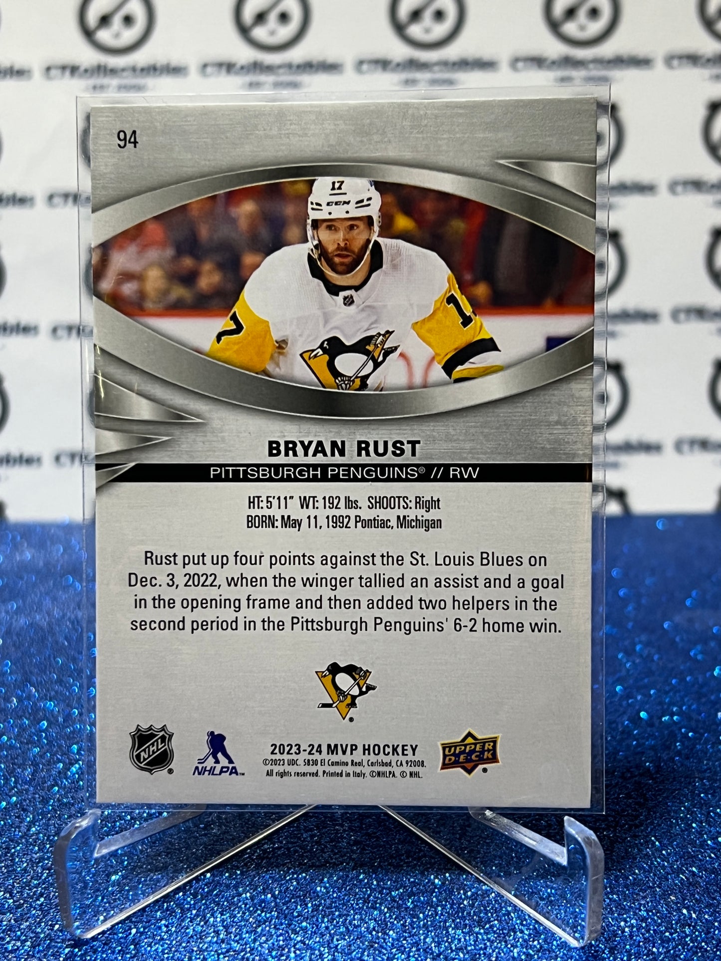 2023-24 UPPER DECK MVP BRYAN RUST # 94 SILVER SCRIPT PITTSBURGH PENGUINS NHL HOCKEY TRADING CARD