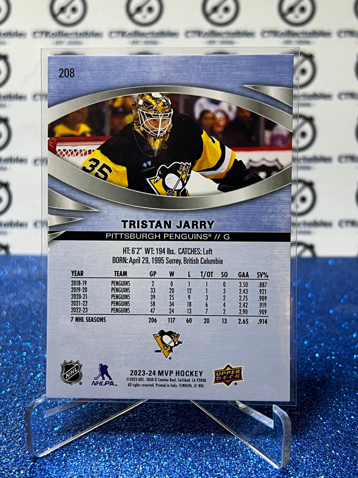 2023-24 UPPER DECK MVP TRISTAN JARRY # 208 PITTSBURGH PENGUINS NHL HOCKEY TRADING CARD