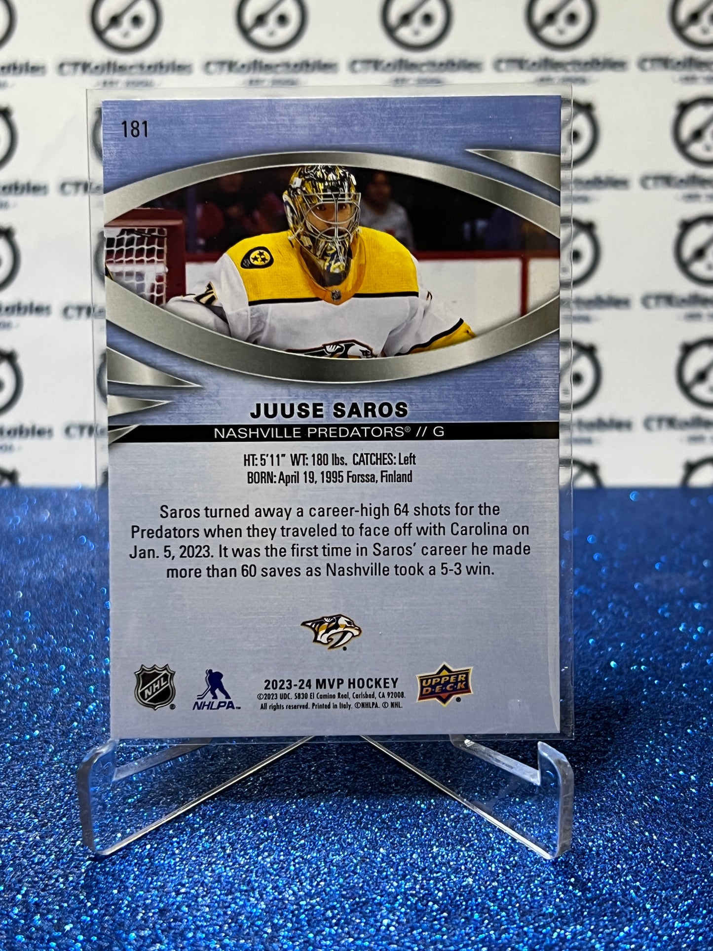 2023-24 UPPER DECK MVP JUUSE SAROS # 181  NASHVILLE PREDATORS NHL HOCKEY TRADING CARD