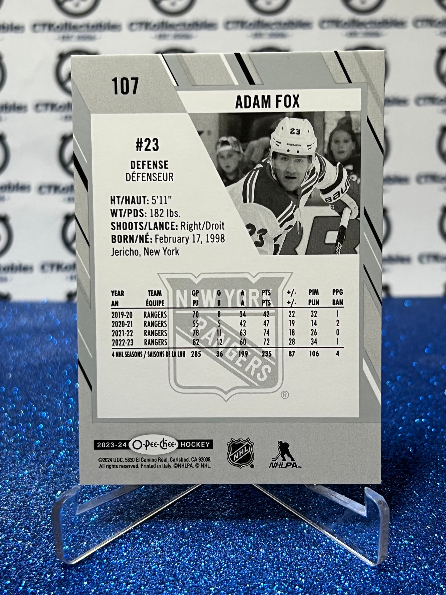 2023-24 O-PEE-CHEE ADAM FOX # 107 NEW YORK RANGERS NHL HOCKEY TRADING CARD