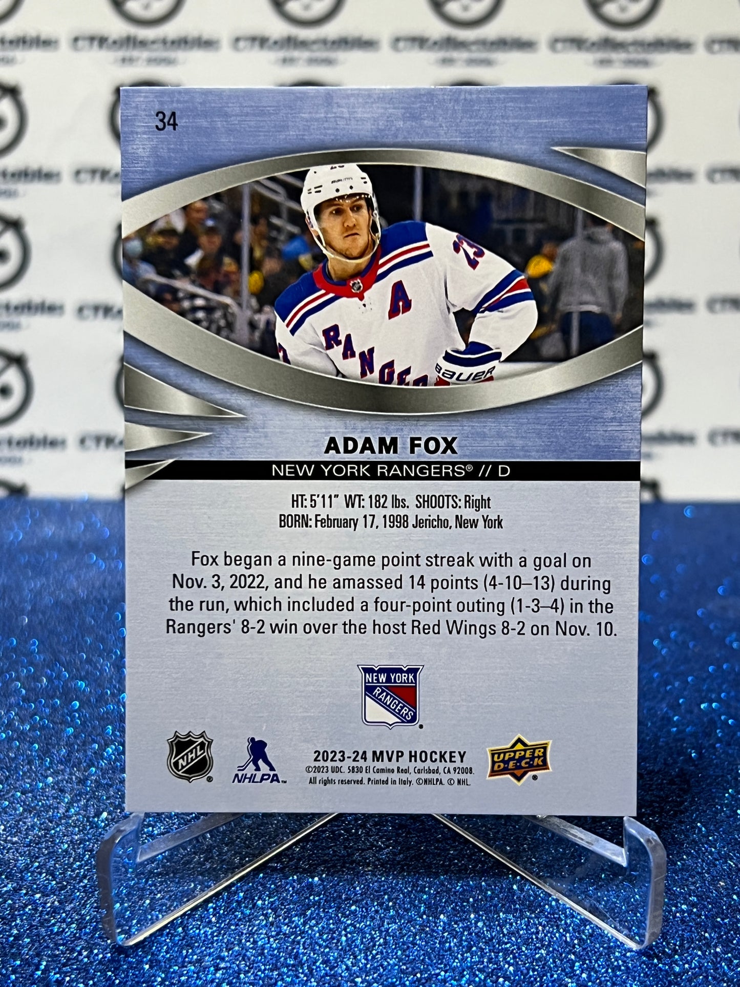 2023-24 UPPER DECK MVP ADAM FOX # 34 NEW YORK RANGERS NHL HOCKEY TRADING CARD