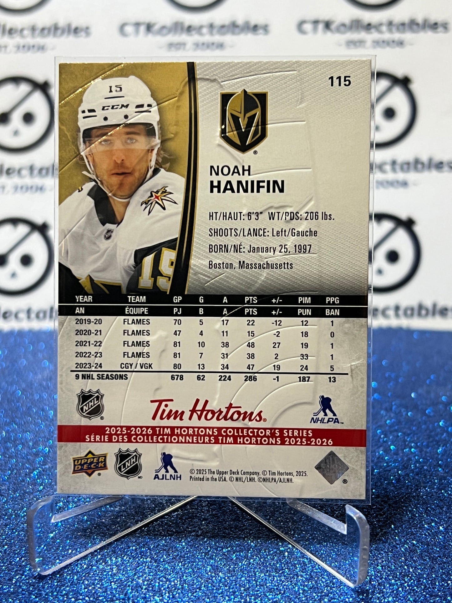 2025-26 UPPER DECK NOAH HANIFIN # 115 TIM HORTONS GOLDEN KNIGHTS HOCKEY CARD