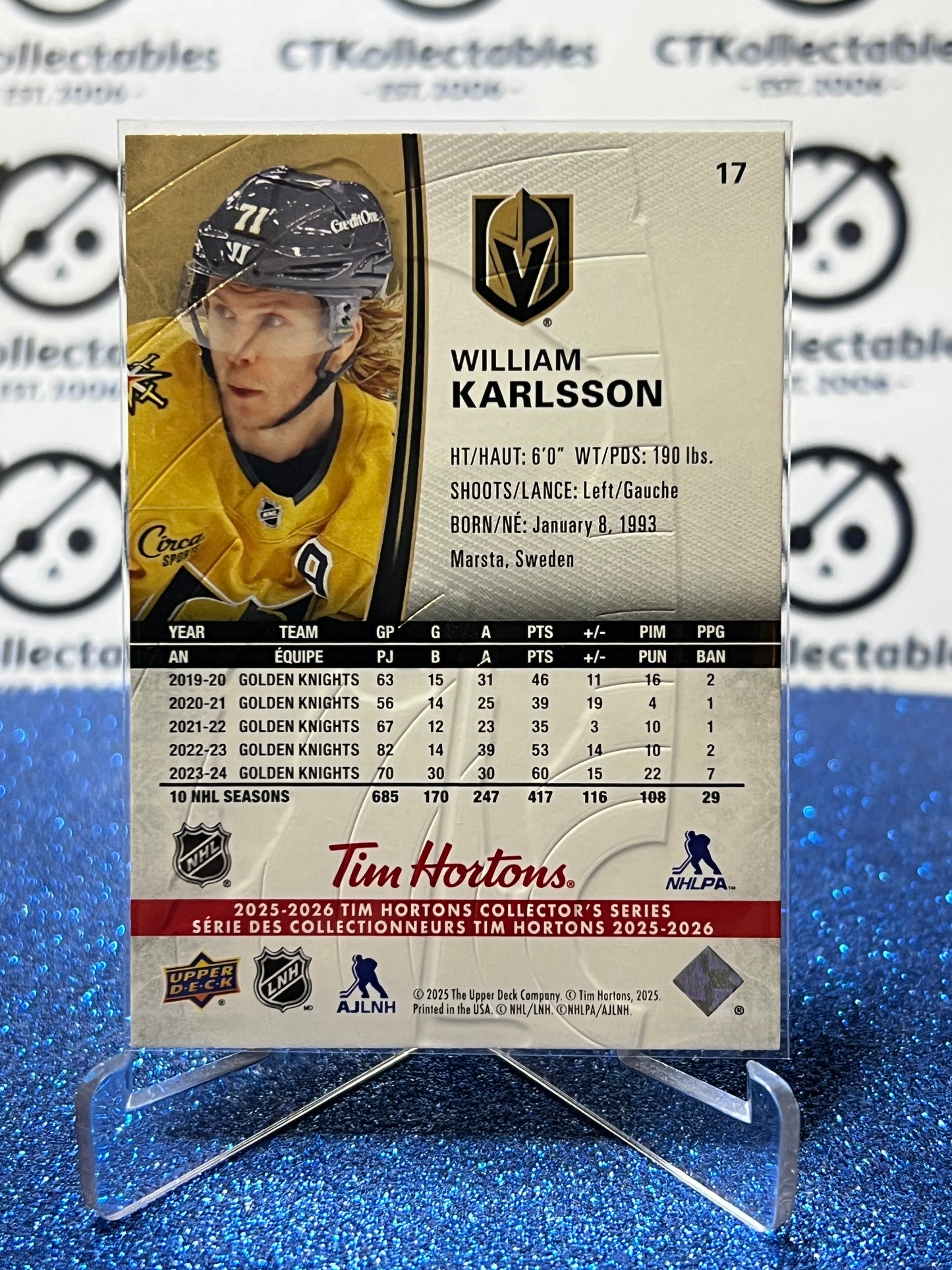 2025-26 UPPER DECK WILLIAM KARLSSON # 17 TIM HORTONS GOLDEN KNIGHTS HOCKEY CARD