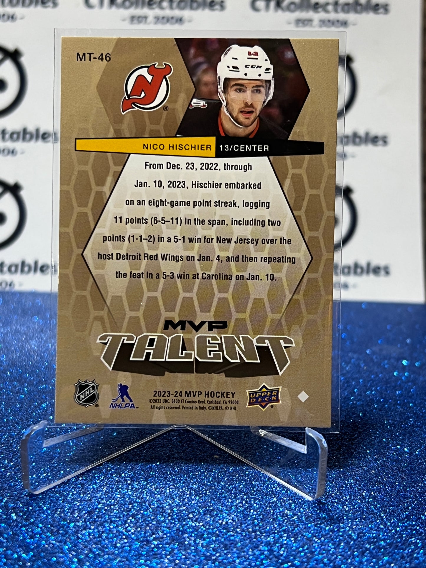 2023-24 UPPER DECK MVP TALENT NICO HISCHIER # MT-46 RED  NEW JERSEY DEVILS  NHL HOCKEY TRADING CARD