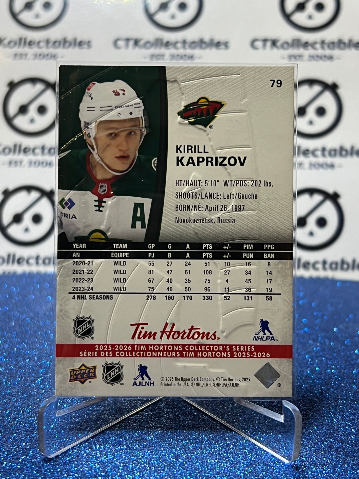 2025-26 UPPER DECK KIRILL KAPRIZOV # 79 TIM HORTONS MINNESOTA WILD HOCKEY CARD
