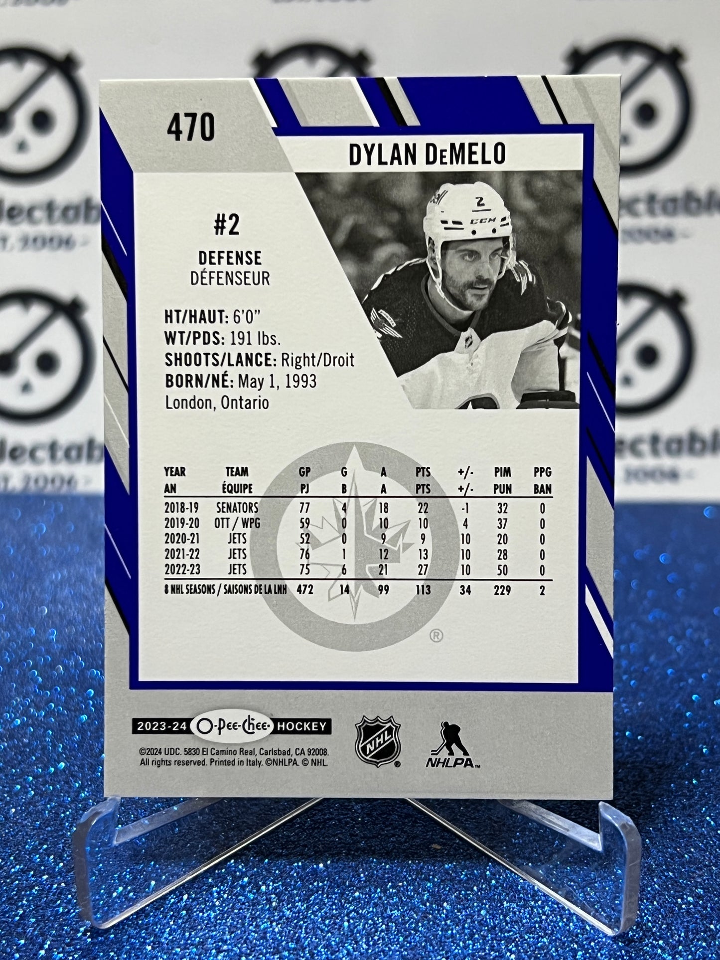 2023-24 O-PEE-CHEE DYLAN DEMELO # 470  BLUE PARALLEL WINNIPEG JETS HOCKEY CARD