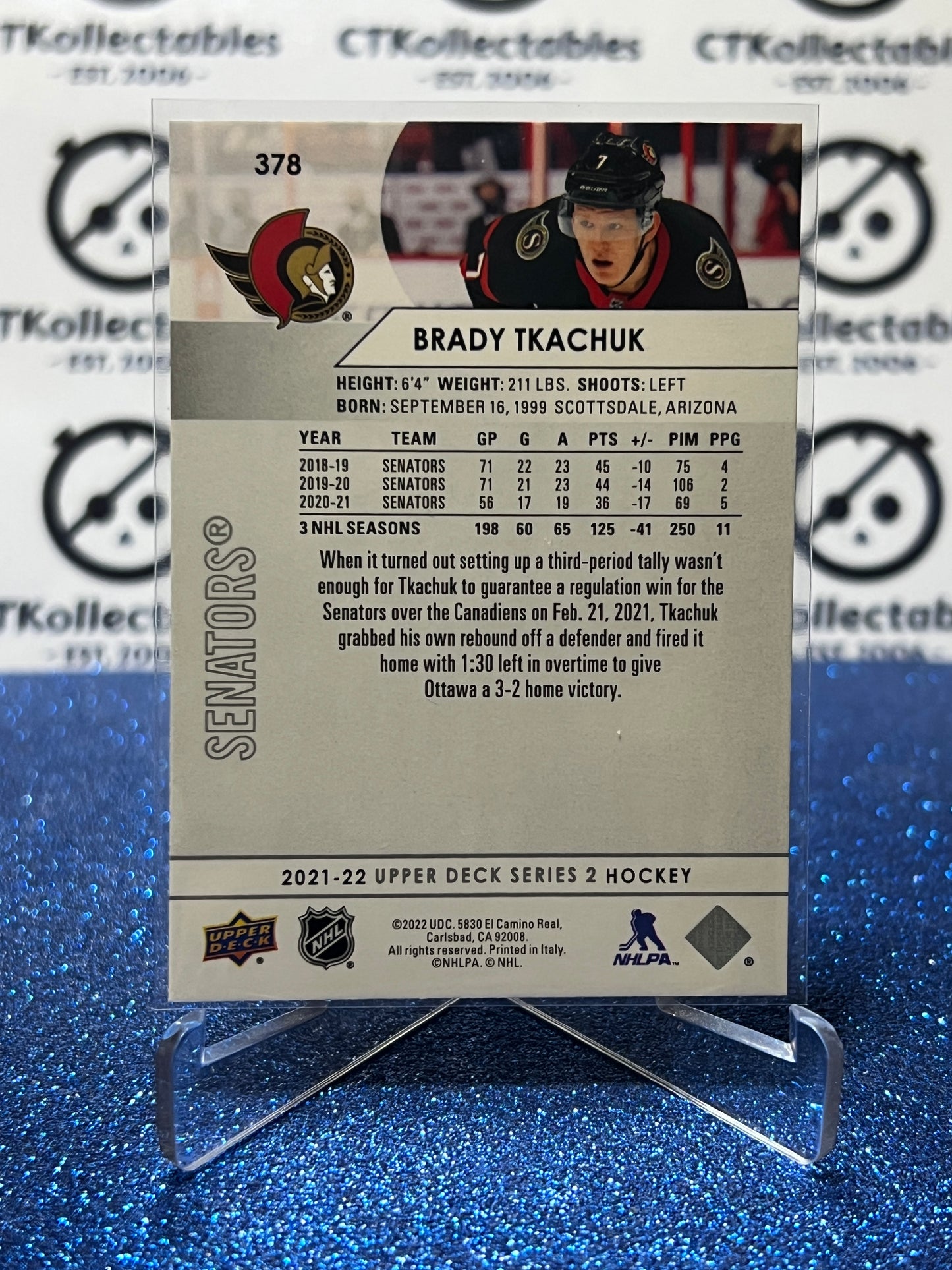 2021-22 UPPER DECK BRADY TKACHUK # 378 OTTAWA SENATORS HOCKEY CARD