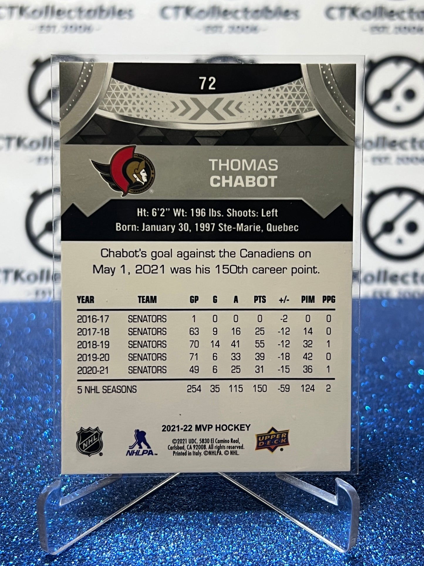 2021-22 UPPER DECK MVP THOMAS CHABOT # 72 SILVER SCRIPT OTTAWA SENATORS HOCKEY CARD