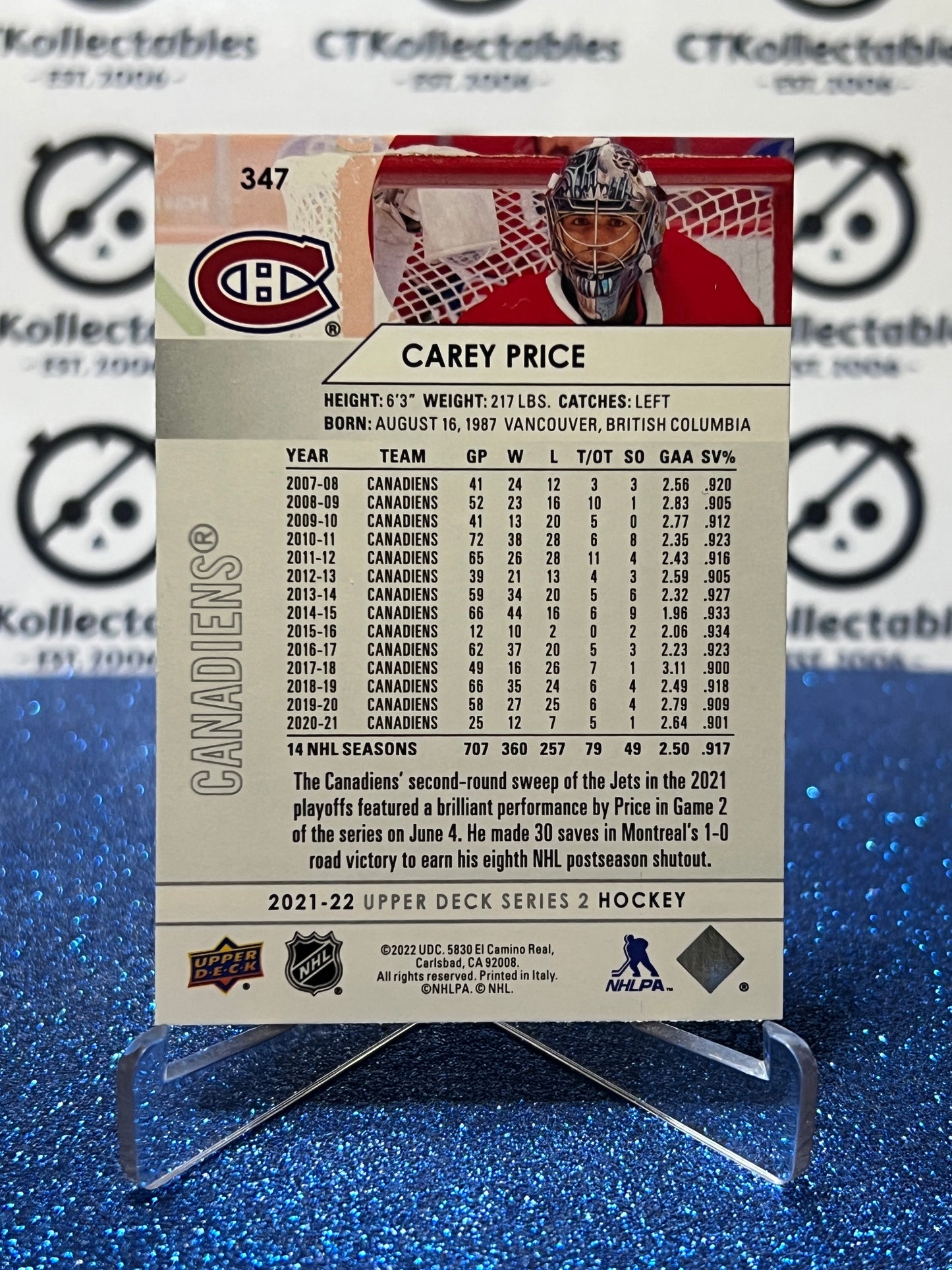 2021-22 UPPER DECK CAREY PRICE #347 MONTREAL CANADIENS HOCKEY CARD