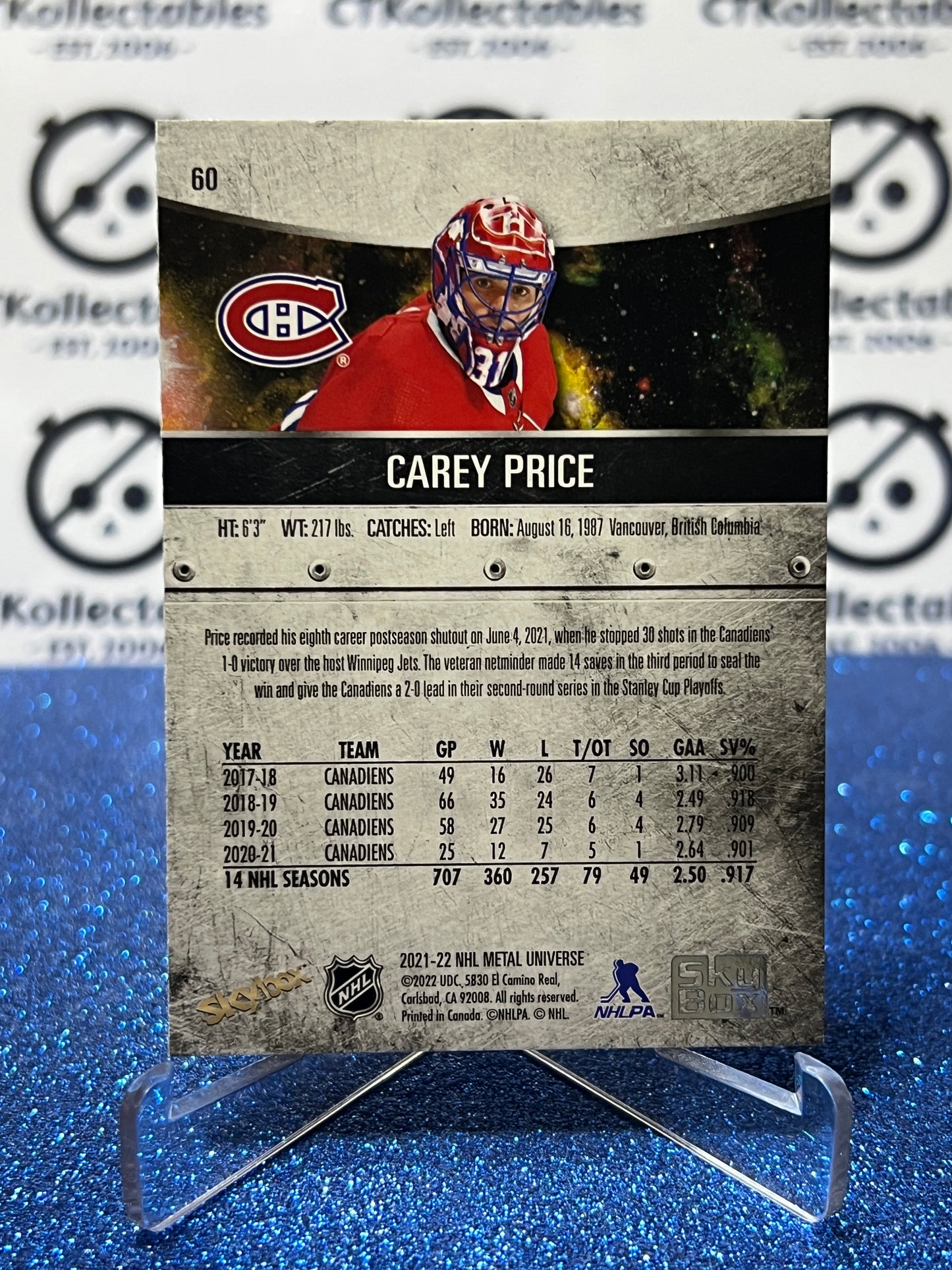 2021-22 SKYBOX METAL CAREY PRICE # 60 MONTREAL CANADIENS HOCKEY CARD