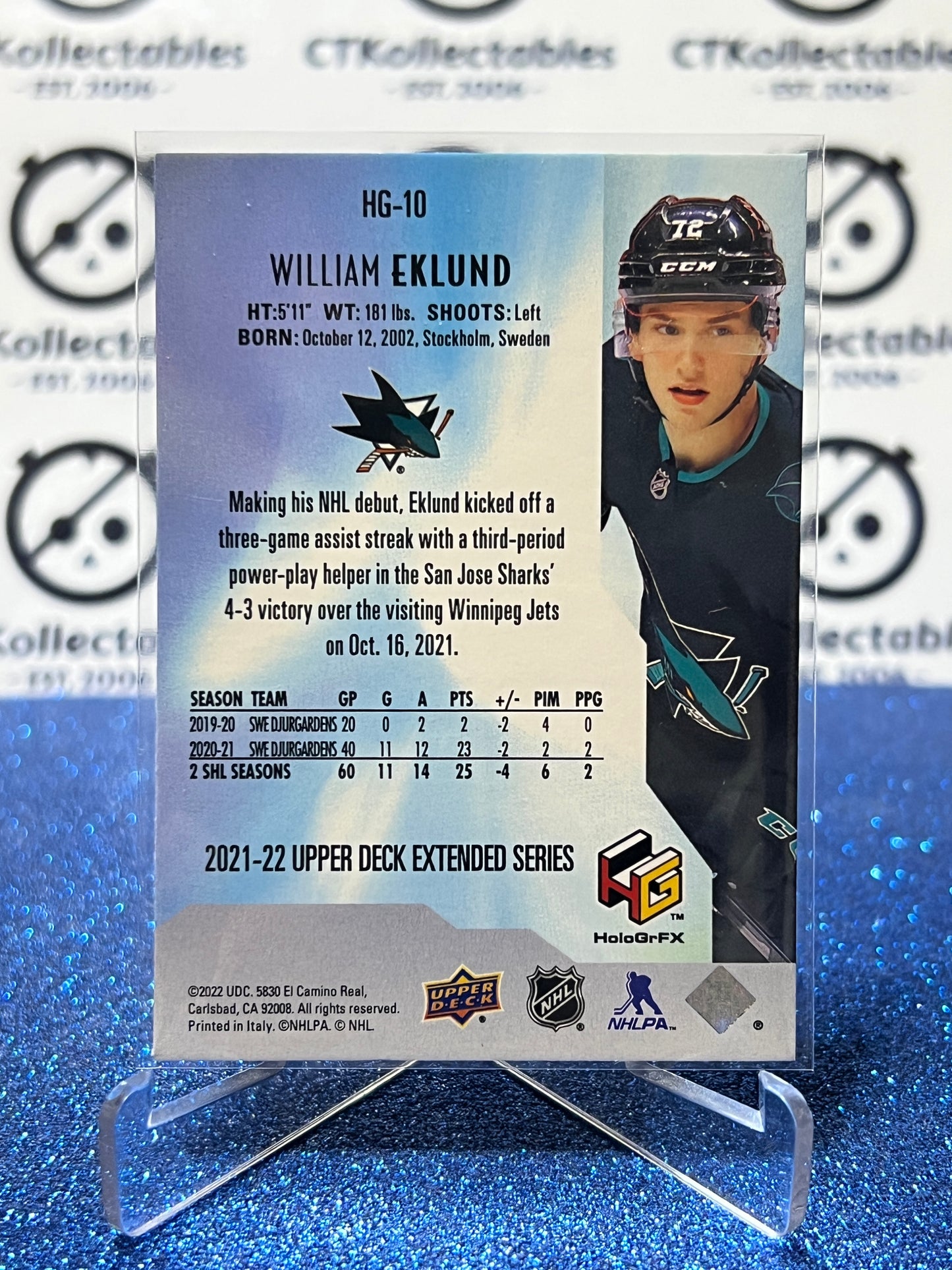 2021-22 UPPER DECK WILLIAM EKLUND # HG-10 RC HoloGrFX SAN JOSE SHARKS HOCKEY CARD