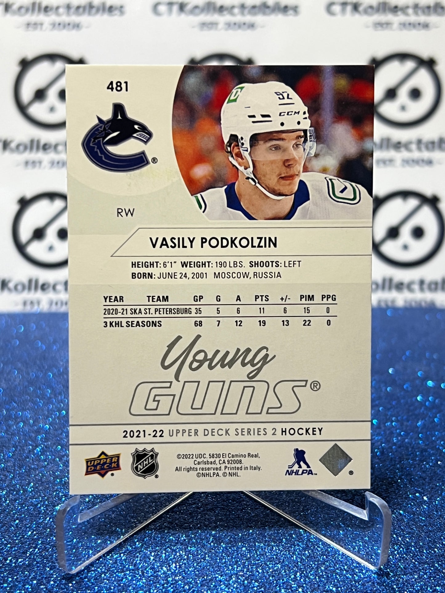2021-22 UPPER DECK VASILY PODKOLZIN # 481 YOUNG GUNS RC VANCOUVER CANUCKS HOCKEY CARD