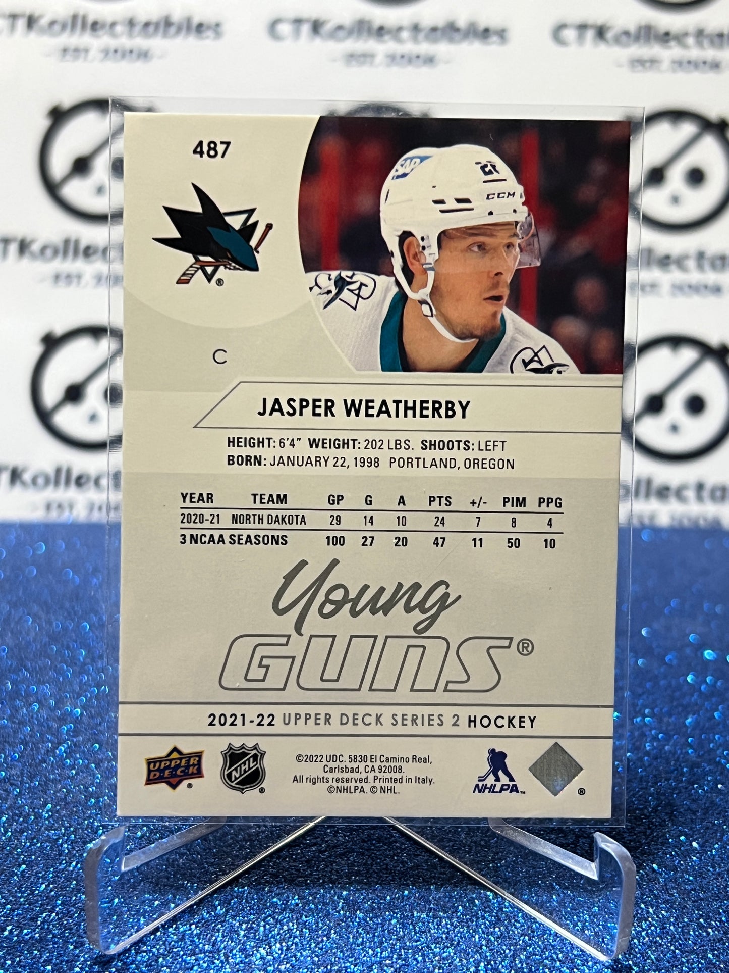 2021-22 UPPER DECK JASPER WEATHERBY # 487 RC YOUNG GUNS SAN JOSE SHARKS HOCKEY CARD