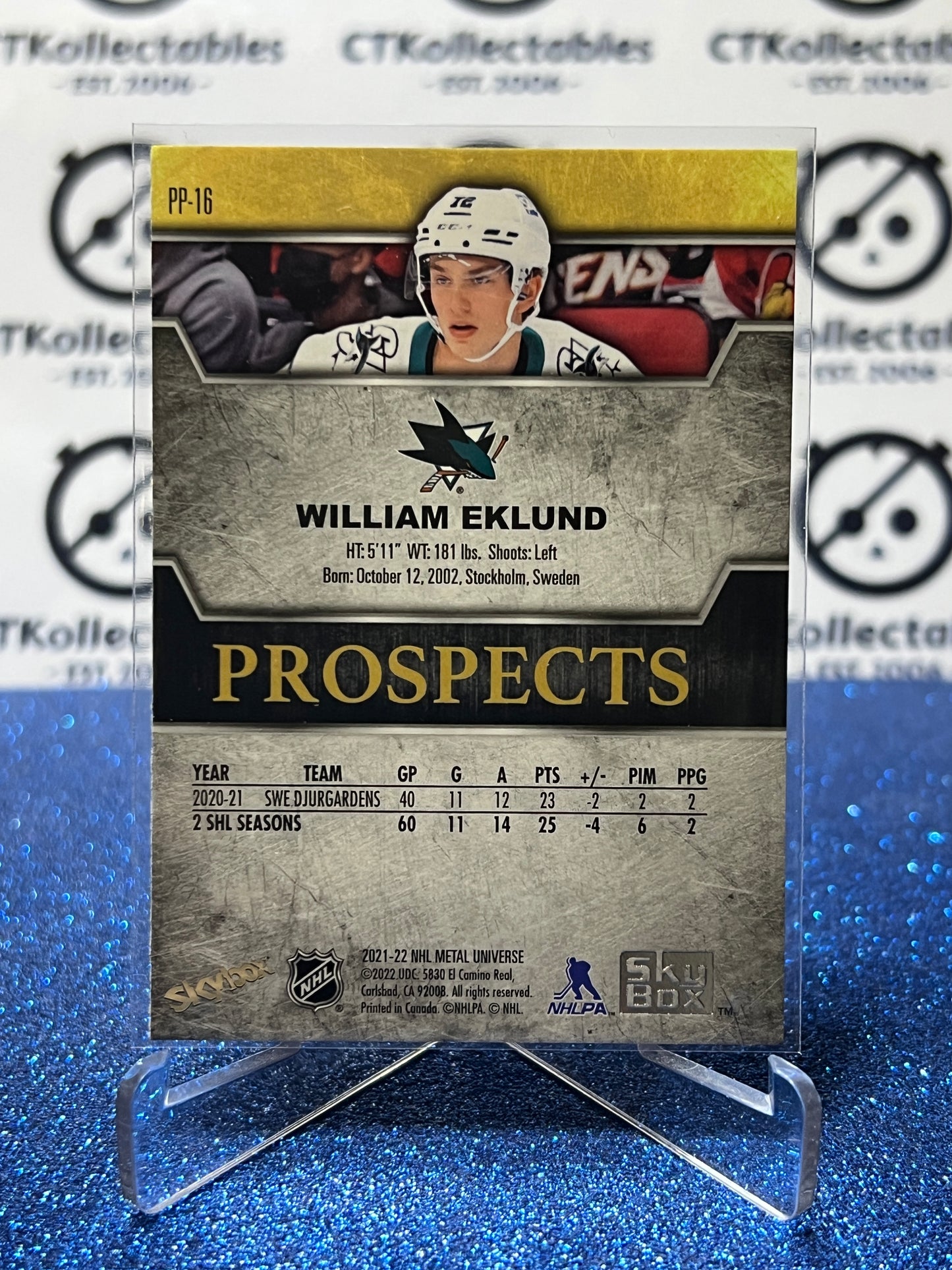 2021-22 UPPER DECK WILLIAM EKLUND # PP-16 PROSPECTS RC SAN JOSE SHARKS HOCKEY CARD