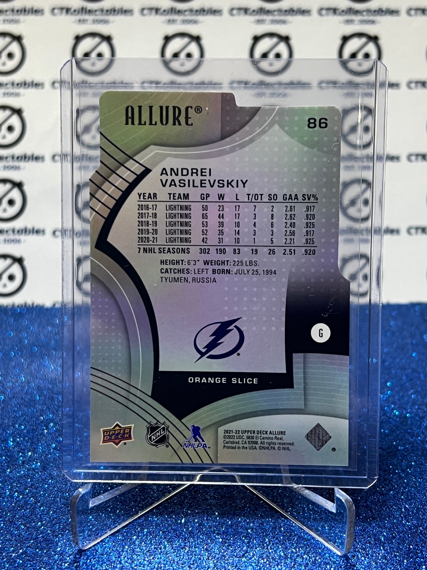 2021-22 UPPER DECK ALLURE ANDREI VASILEVSKIY # 86 ORANGE DIE CUT TAMPA BAY LIGHTNING  NHL HOCKEY CARD