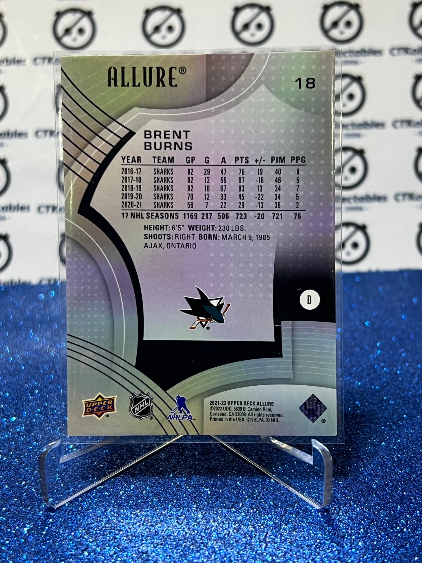 2021-22 UPPER DECK ALLURE BRENT BURNS # 18 SAN JOSE SHARKS NHL HOCKEY CARD