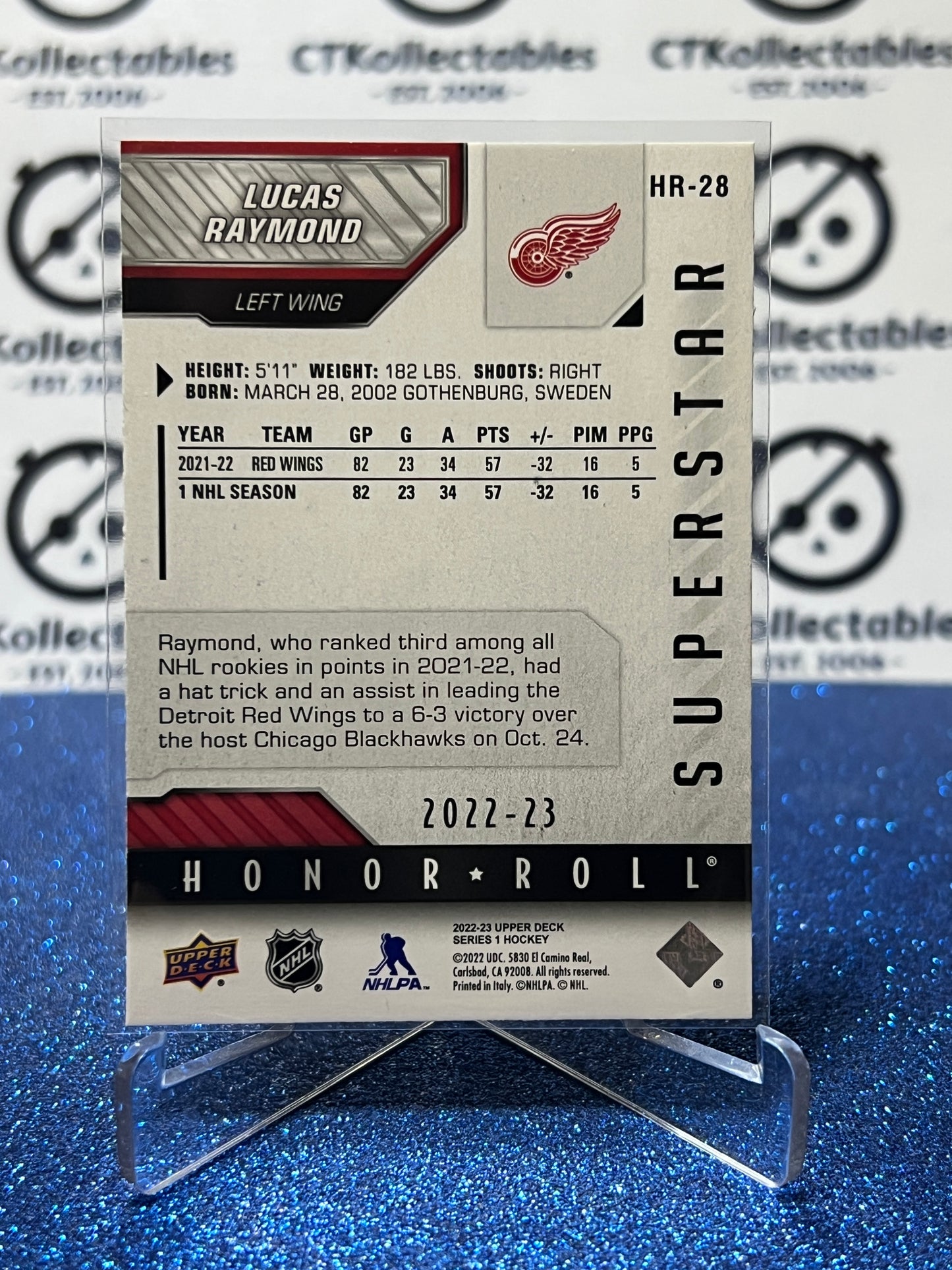 2022-23 UPPER DECK LUCAS RAYMOND # HR-28 HONOR ROLL DETROIT RED WINGS HOCKEY CARD