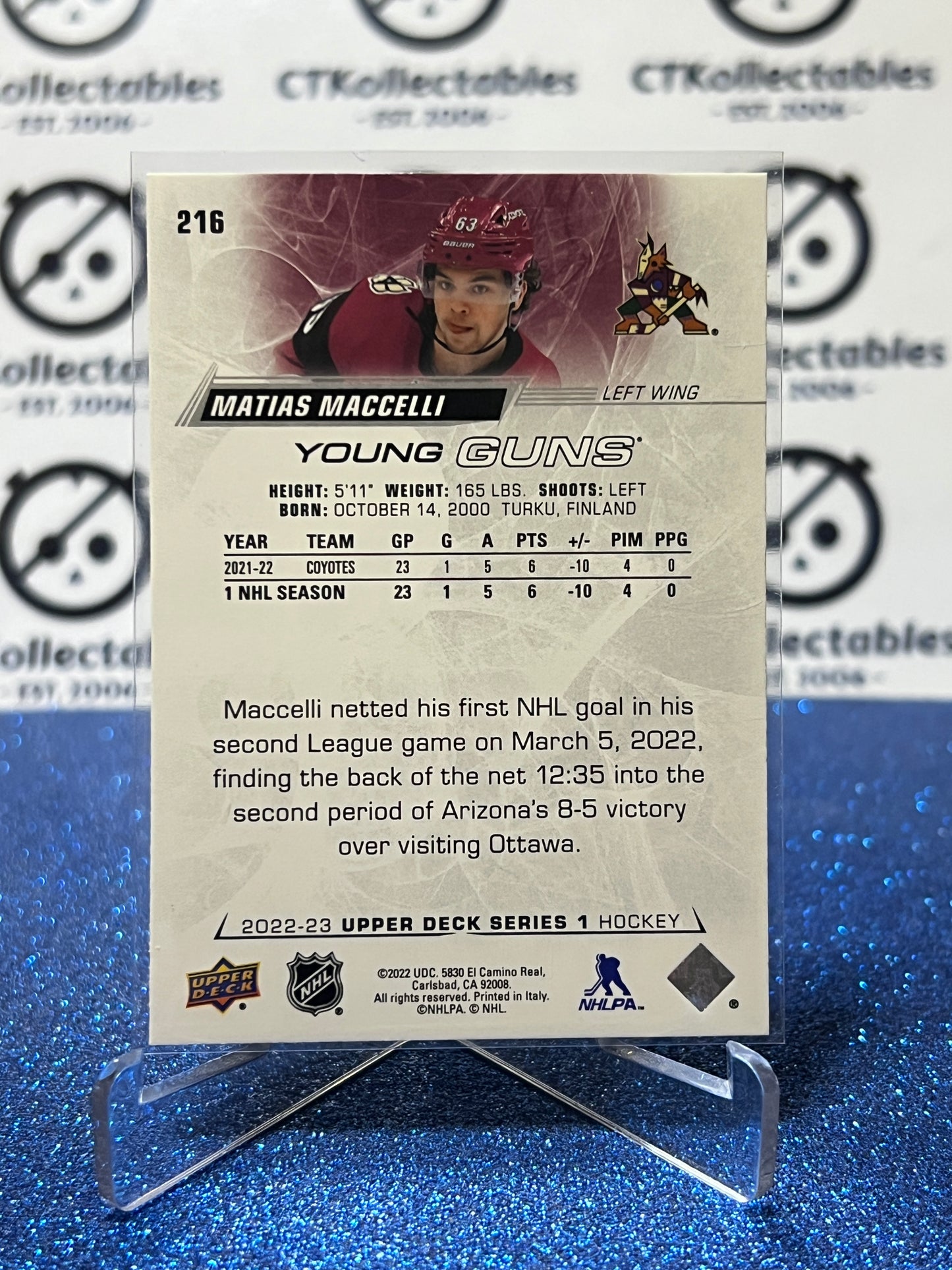 2022-23 UPPER DECK MATIAS MACCELLI # 216 YOUNG GUNS RC ARIZONA COYOTES HOCKEY CARD