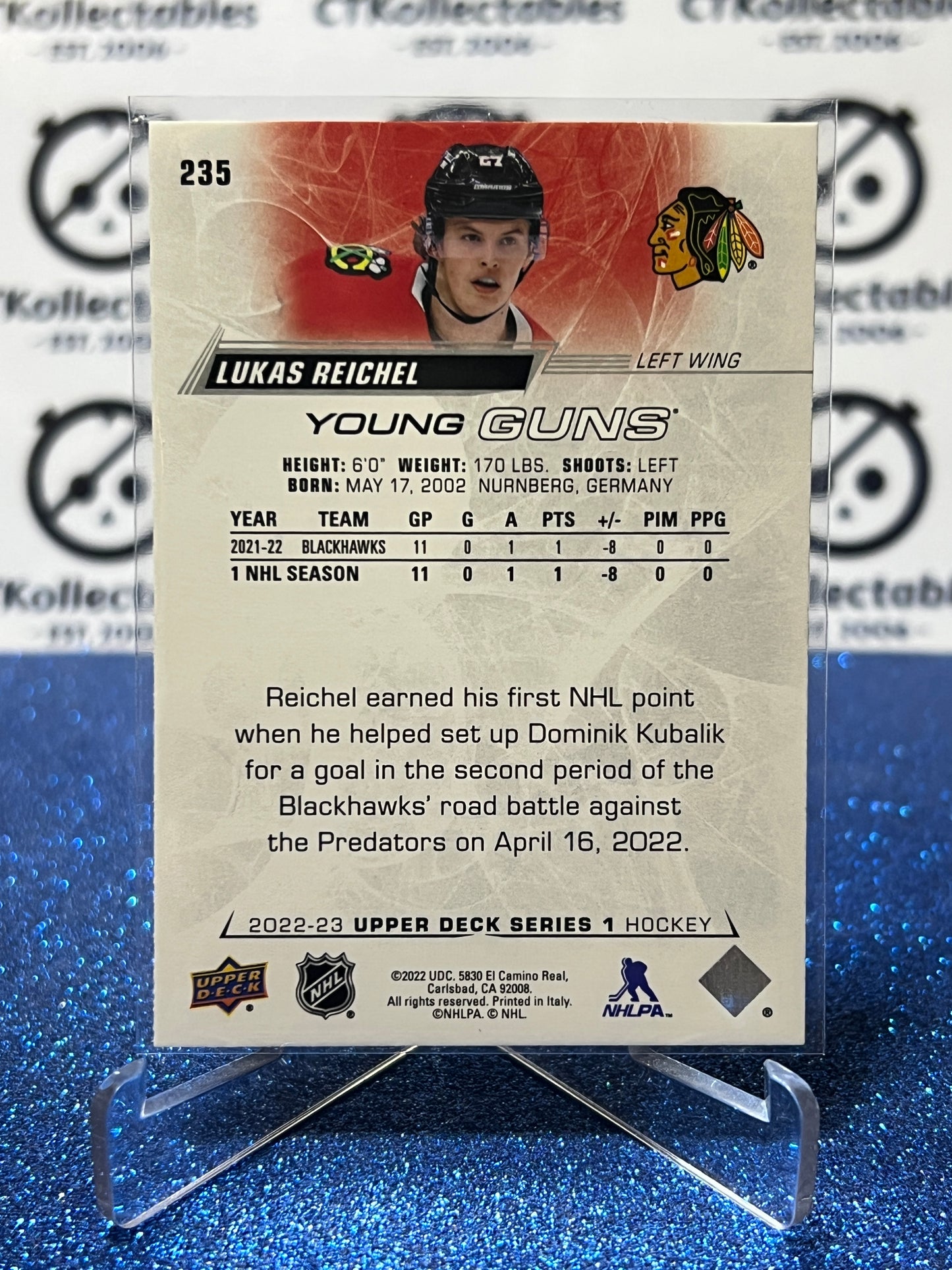 2022-23 UPPER DECK LUKAS REICHEL # 235 RC YOUNG GUNS CHICAGO BLACKHAWKS HOCKEY CARD