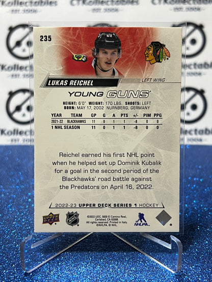 2022-23 UPPER DECK LUKAS REICHEL # 235 RC YOUNG GUNS CHICAGO BLACKHAWKS HOCKEY CARD