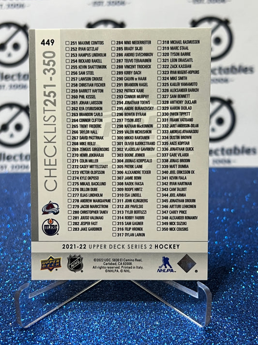 2021-22 UPPER DECK CHECKLIST  # 449  AVALANCHE / OILERS HOCKEY CARD