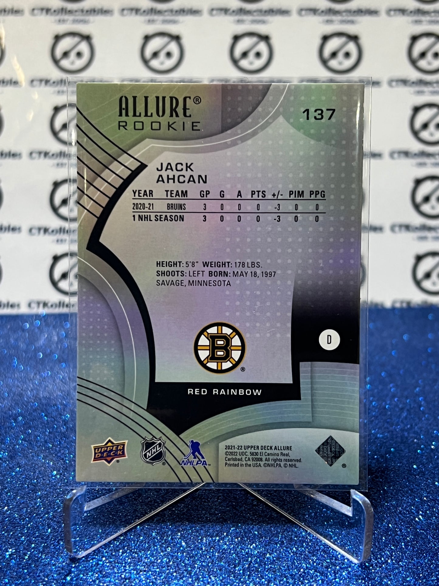 2021-22 UPPER DECK ALLURE JACK AHCAN # 137 RED ROOKIE BOSTON BRUINS NHL HOCKEY CARD