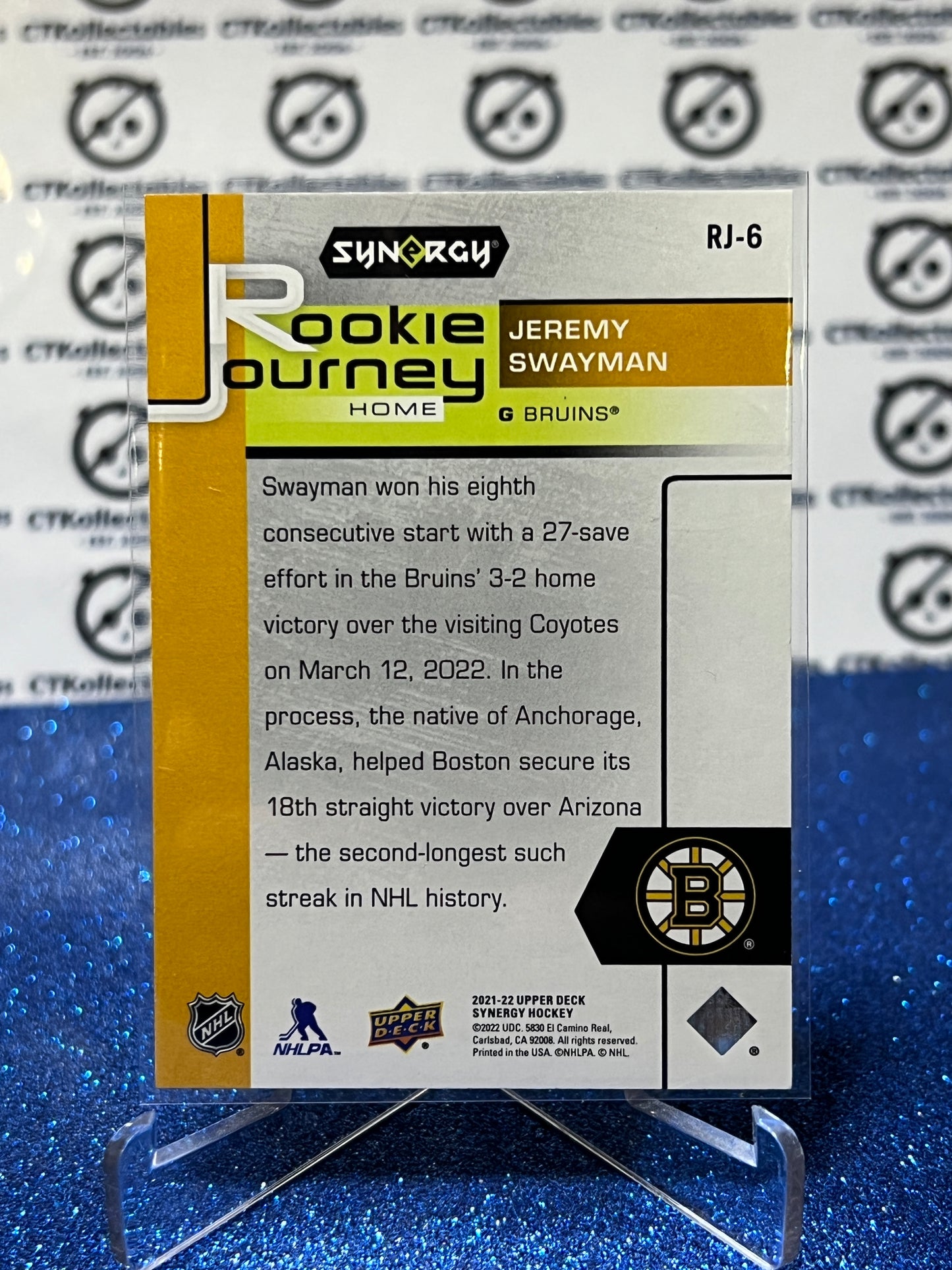 2021-22 UPPER DECK SYNERGY JEREMY SWAYMAN # RJ-6 ROOKIE /299  BOSTON BRUINS NHL HOCKEY CARD