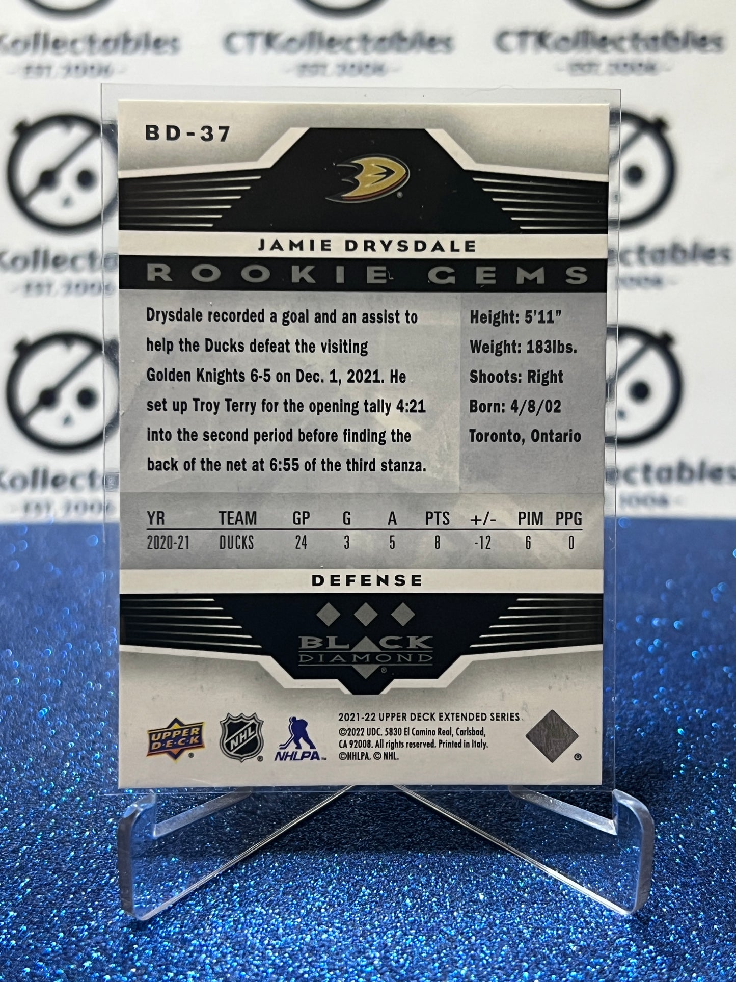 2021-22 UPPER DECK JAMIE DRYSDALE # BD-37 RC BLACK DIAMOND ANAHEIM DUCKS HOCKEY CARD