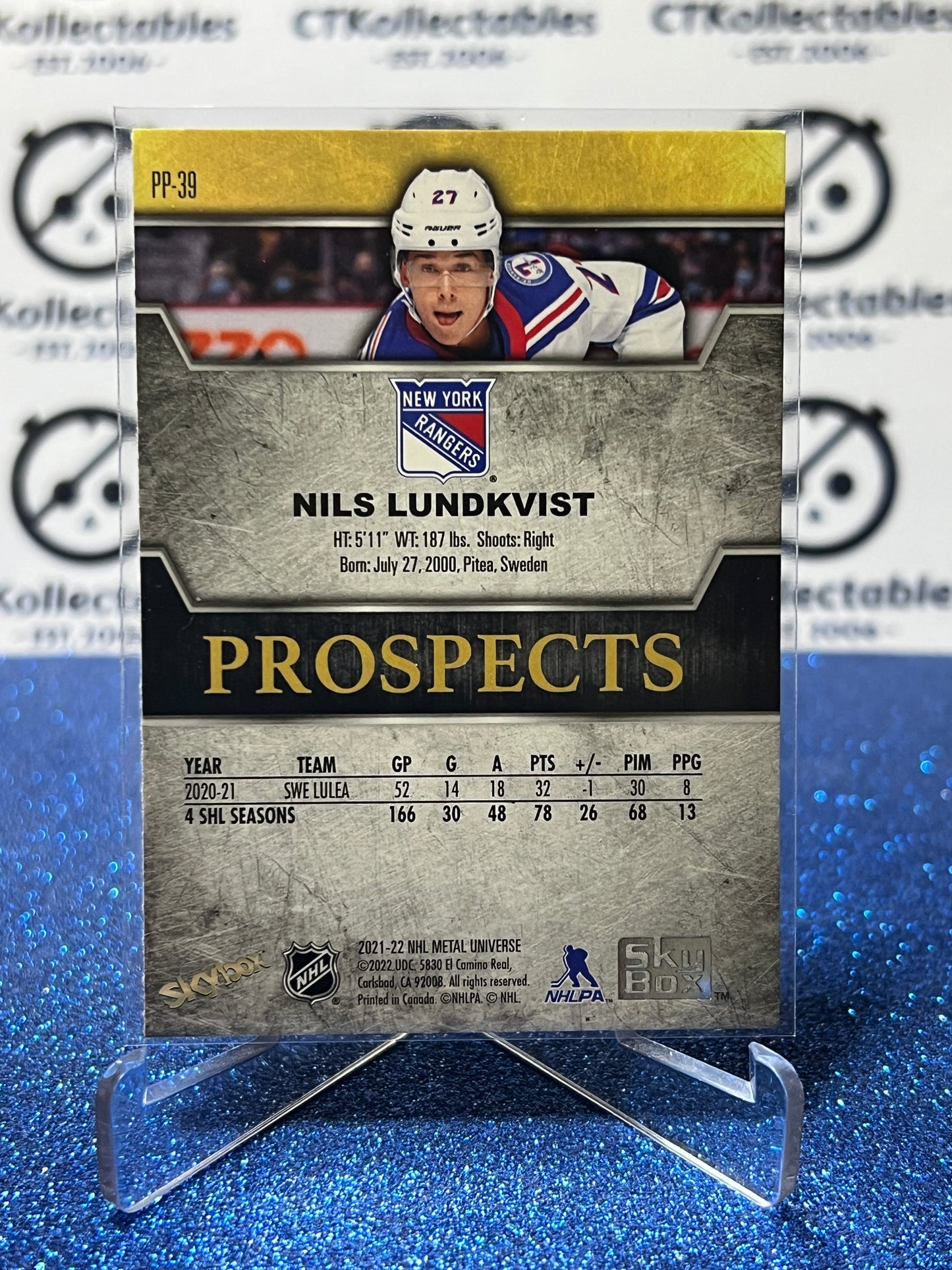 2021-22 SKYBOX NILS LUNDKVIST # PP-39 PROSPECTS RC NEW YORK RANGERS HOCKEY CARD