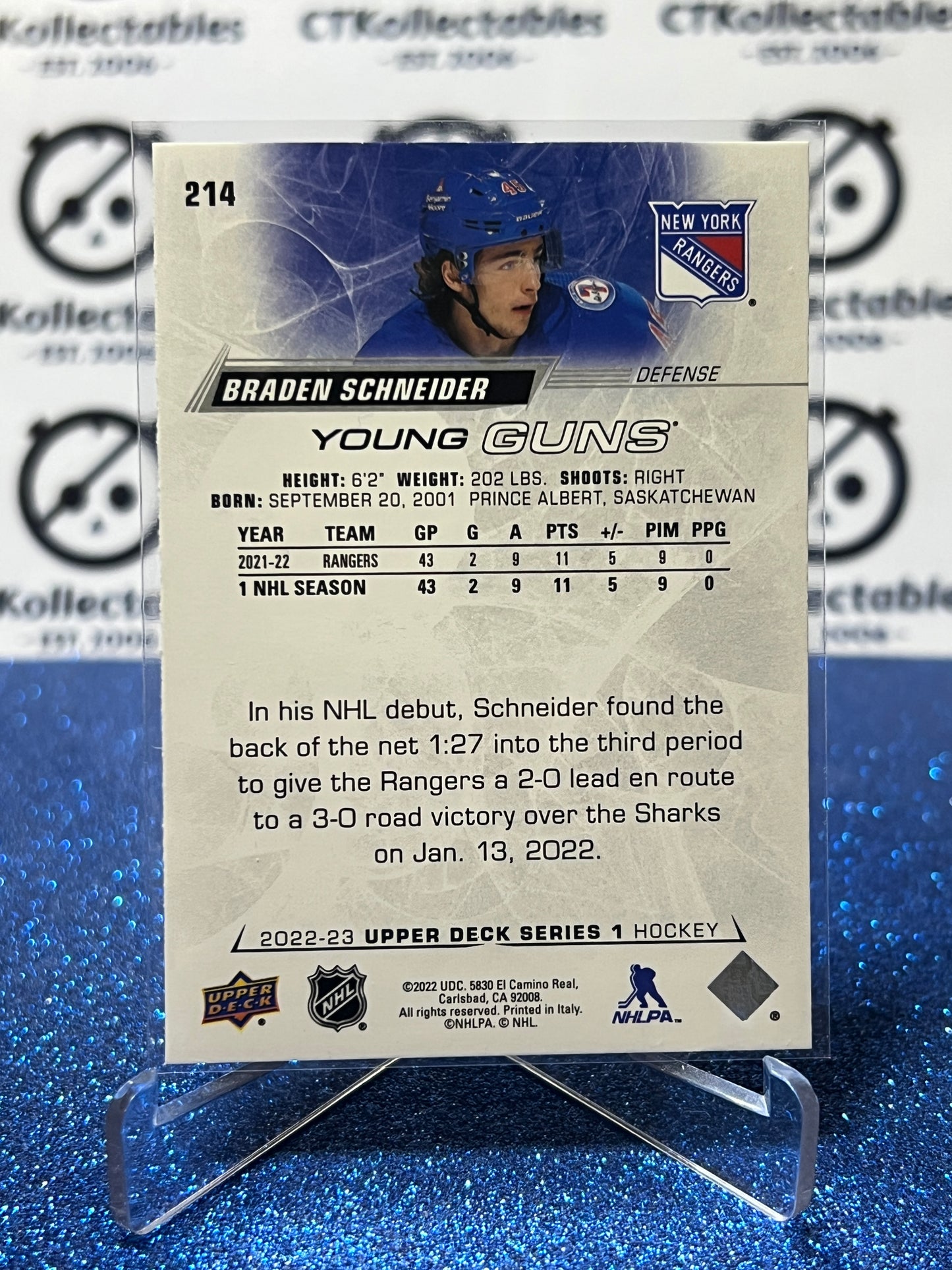 2022-23 UPPER DECK BRADEN SCHNEIDER # 214 RC YOUNG GUNS NEW YORK RANGERS HOCKEY CARD