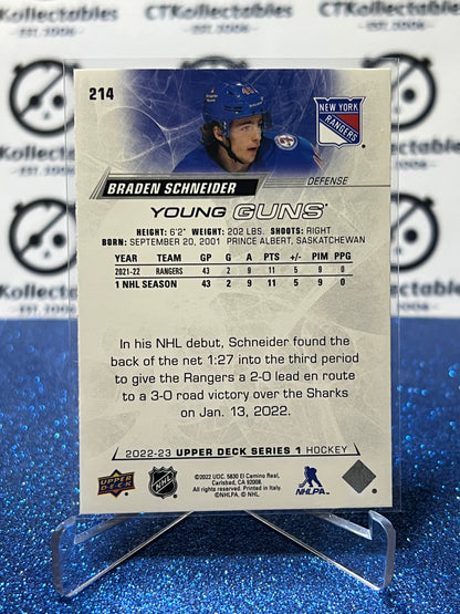 2022-23 UPPER DECK BRADEN SCHNEIDER # 214 RC YOUNG GUNS NEW YORK RANGERS HOCKEY CARD