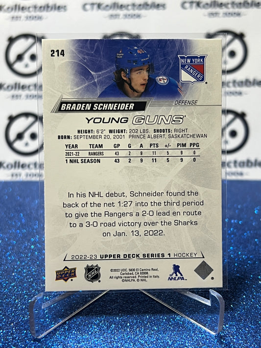 2022-23 UPPER DECK BRADEN SCHNEIDER # 214 RC YOUNG GUNS NEW YORK RANGERS HOCKEY CARD