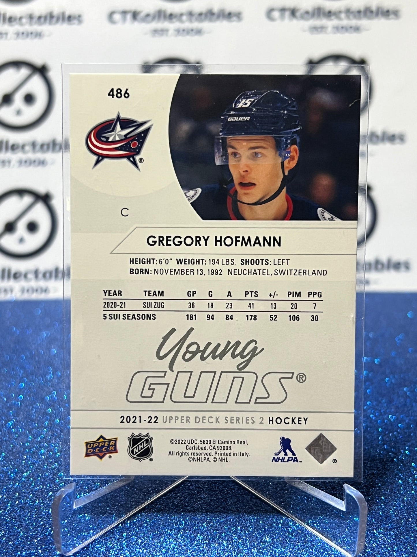 2021-22 UPPER DECK GREGORY HOFMANN # 486 RC YOUNG GUNS COLUMBUS BLUE JACKETS HOCKEY CARD