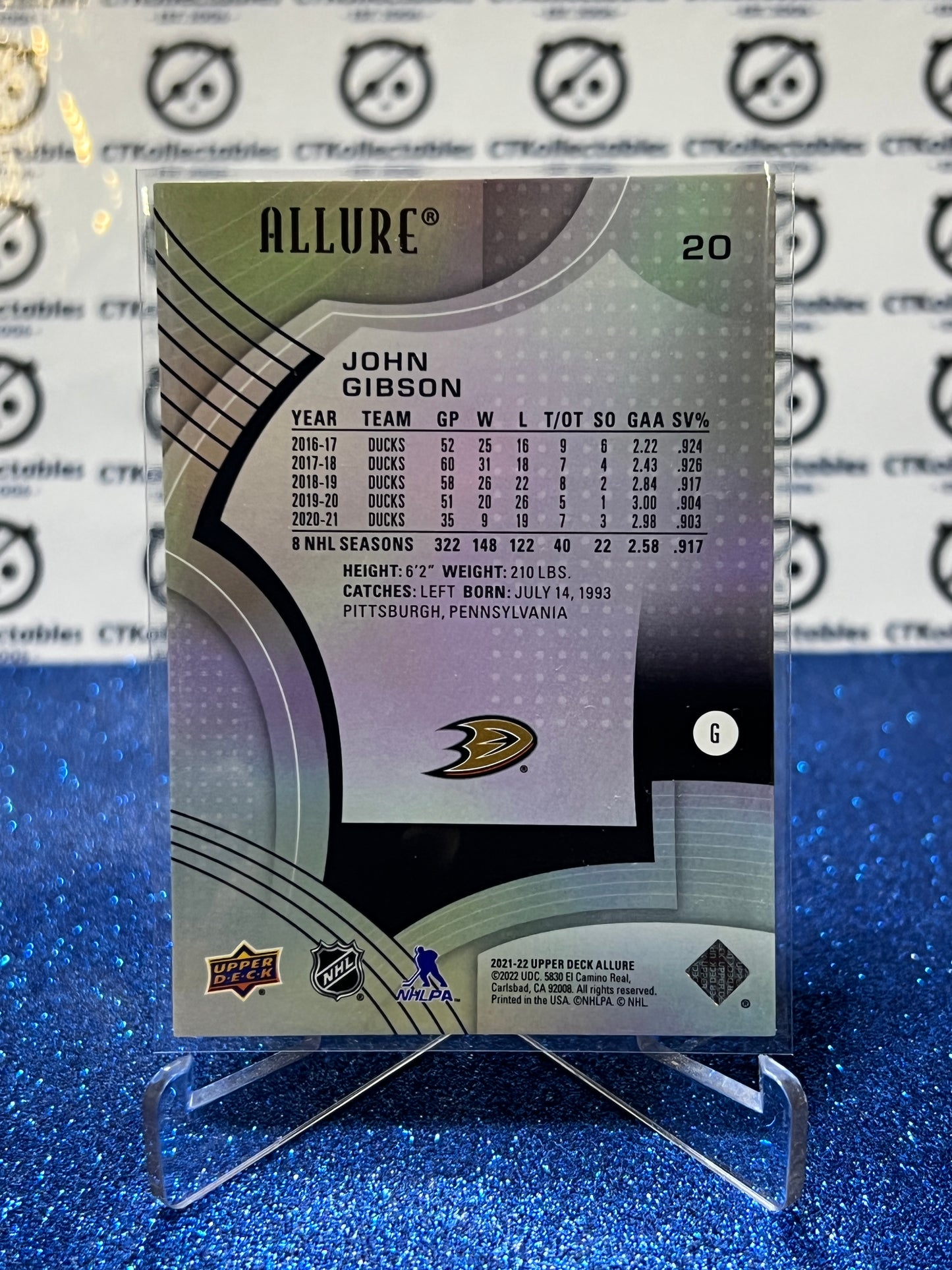 2021-22 UPPER DECK ALLURE JOHN GIBSON # 20 ANAHEIM DUCKS NHL HOCKEY CARD