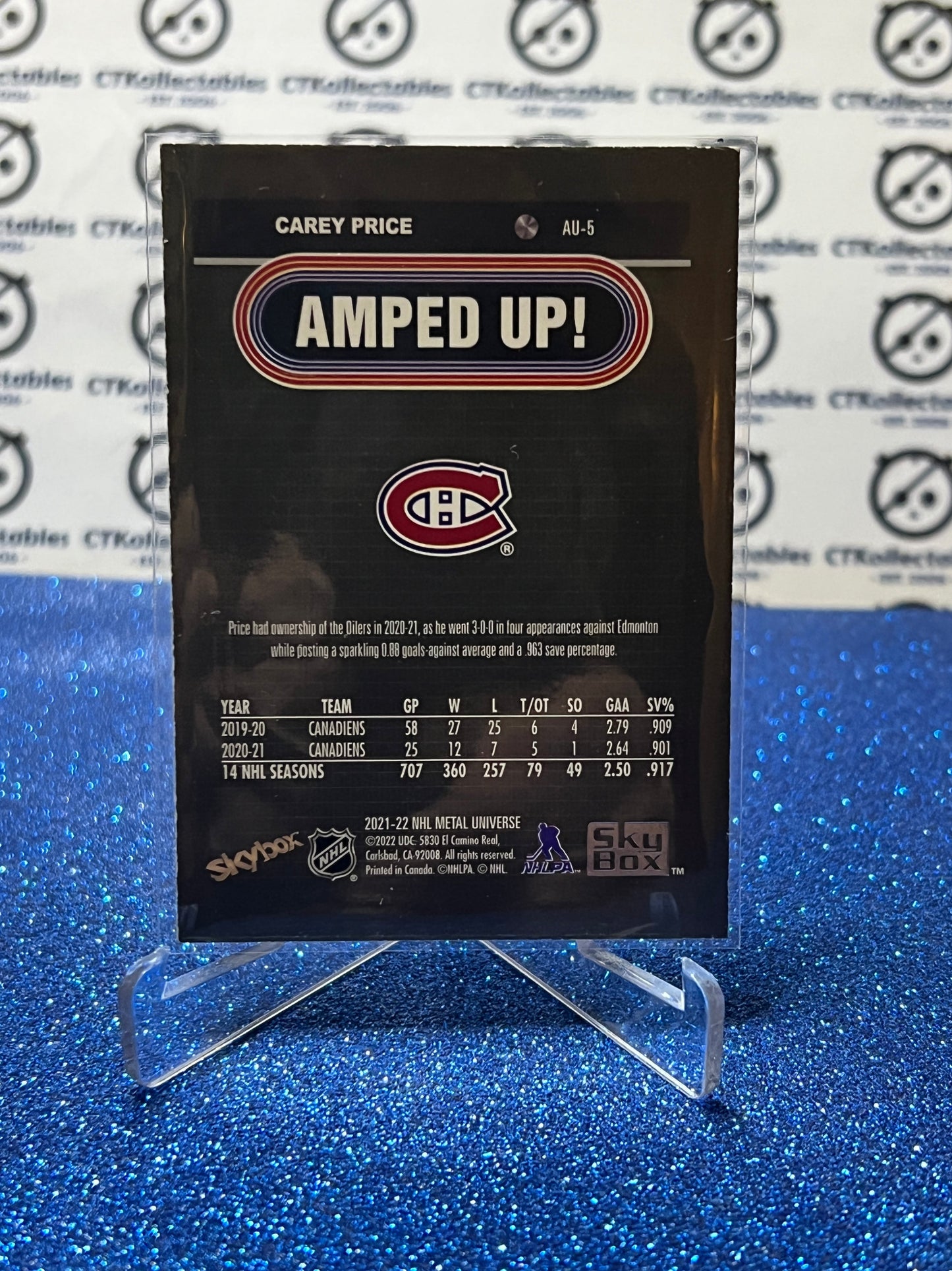 2021-22 SKYBOX METAL CAREY PRICE # AU-5 AMPED UP MONTREAL CANADIENS NHL HOCKEY CARD