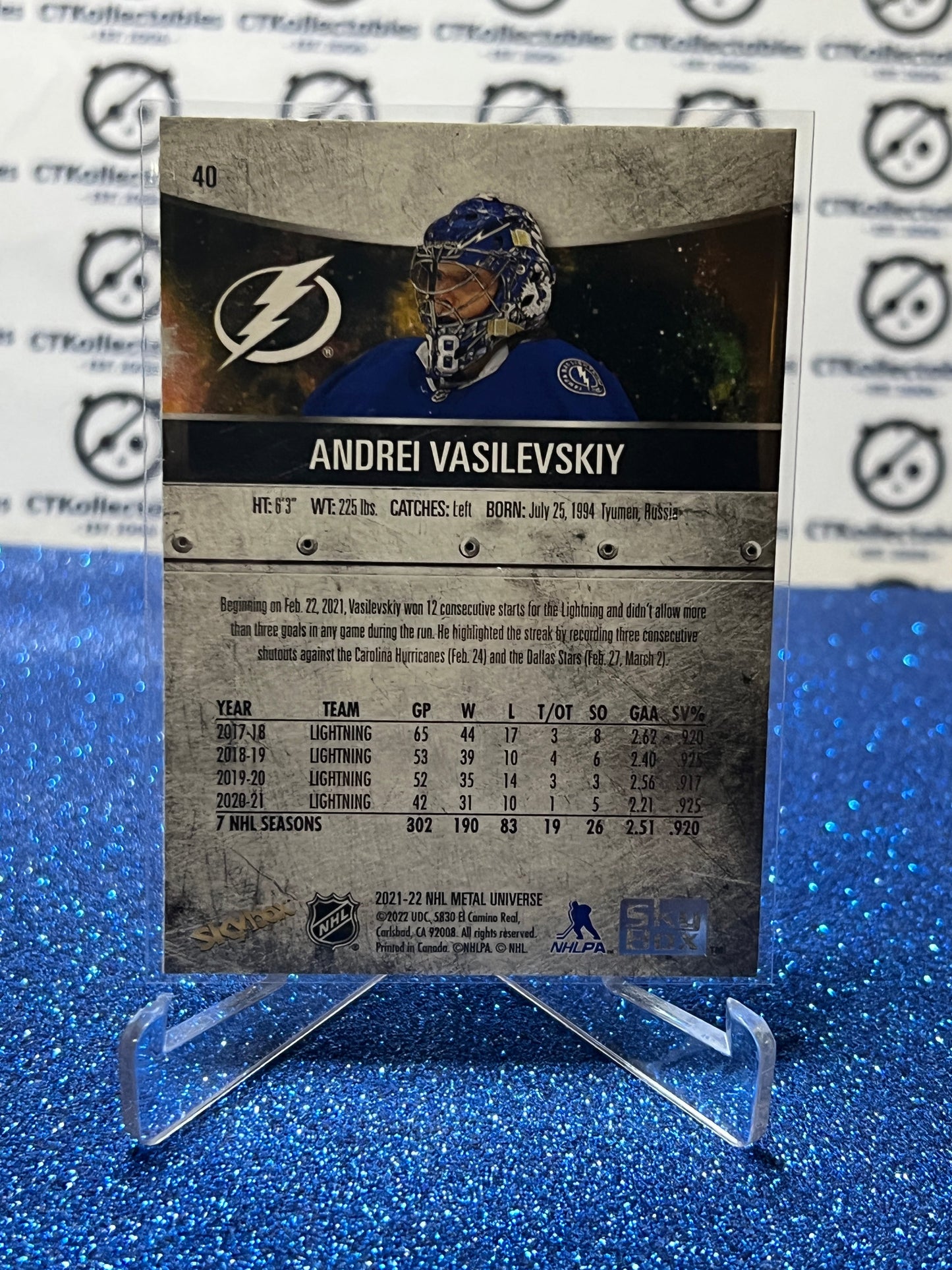 2021-22 SKYBOX METAL ANDREI VASILEVSKIY #40 TAMPA BAY LIGHTNING NHL HOCKEY CARD