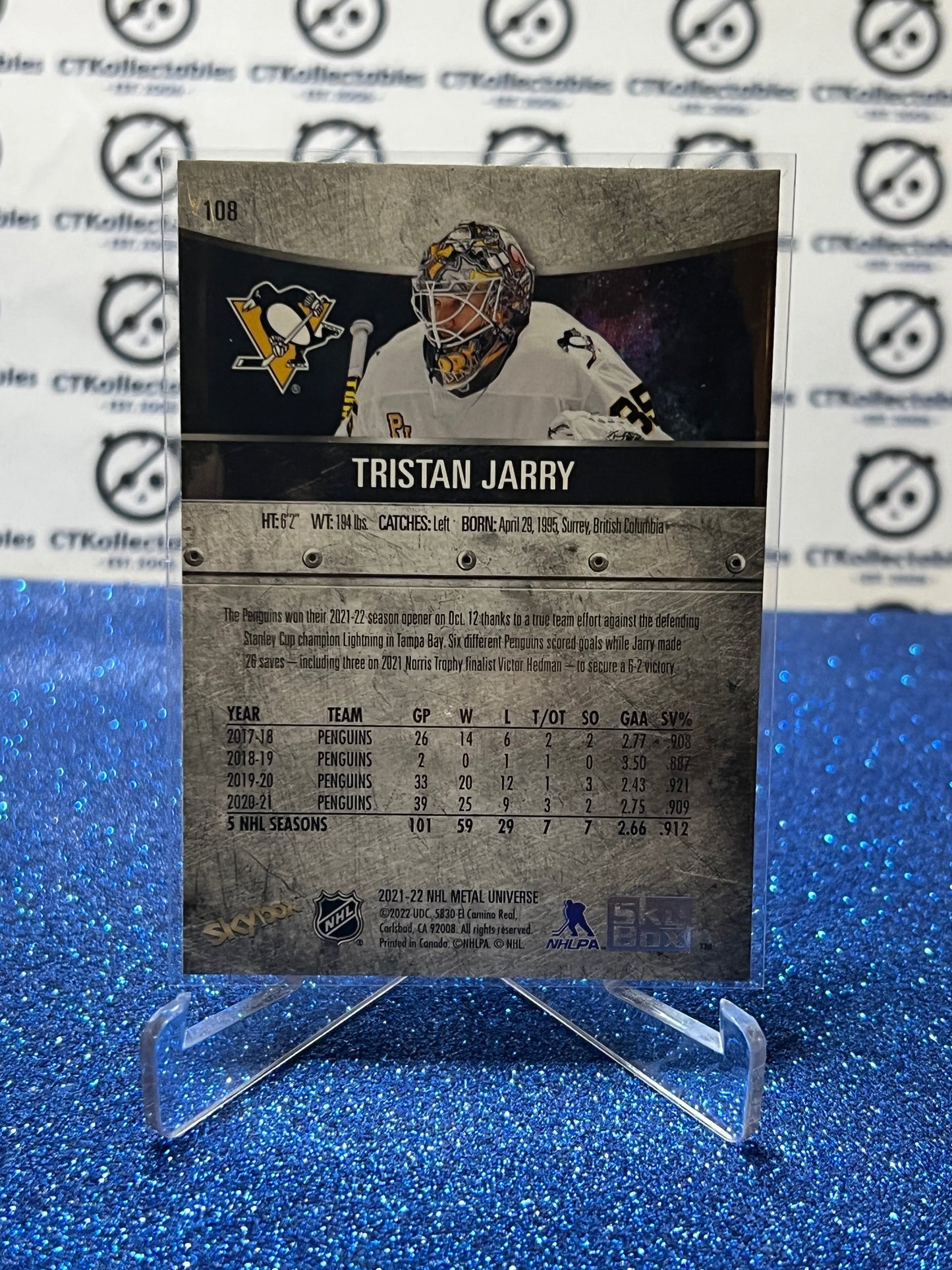 2021-22 SKYBOX METAL TRISTAN JARRY # 108  PITTSBURGH PENGUINS NHL HOCKEY CARD