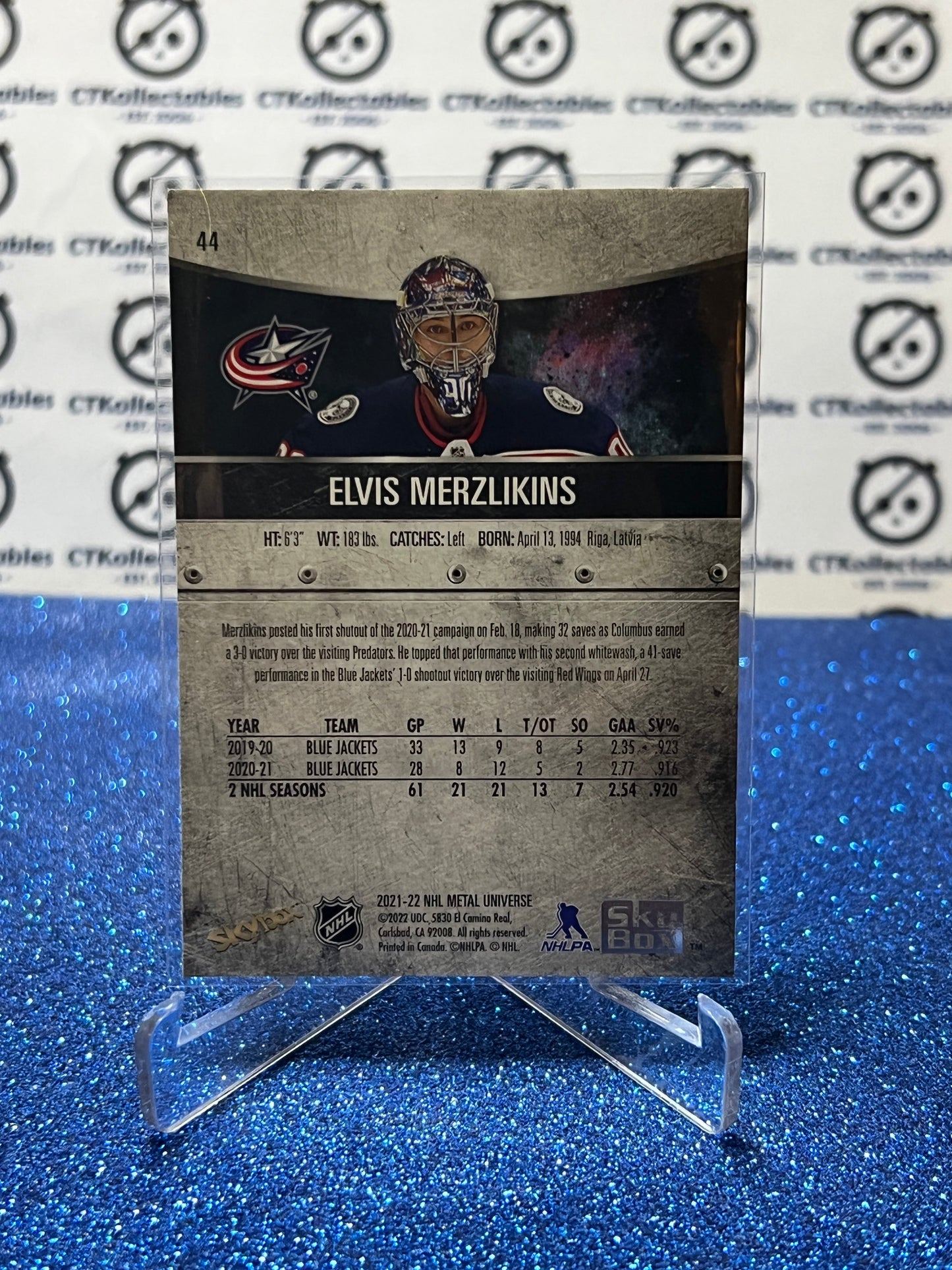 2021-22 SKYBOX METAL ELVIS MERZLIKINS # 44 COLUMBUS BLUE JACKETS NHL HOCKEY CARD