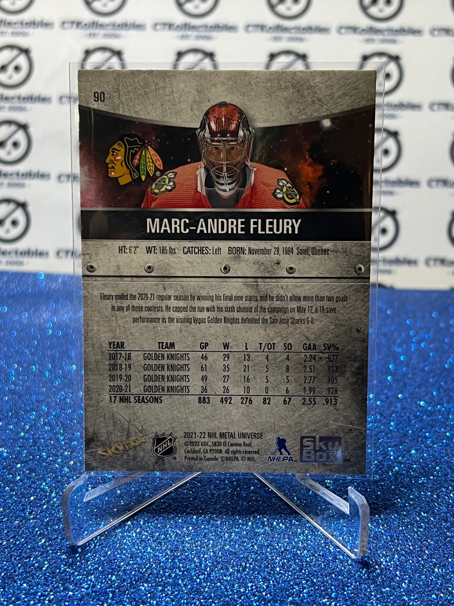 2021-22 SKYBOX METAL MARC-ANDRE FLEURY # 90 CHICAGO BLACKHAWKS NHL HOCKEY CARD