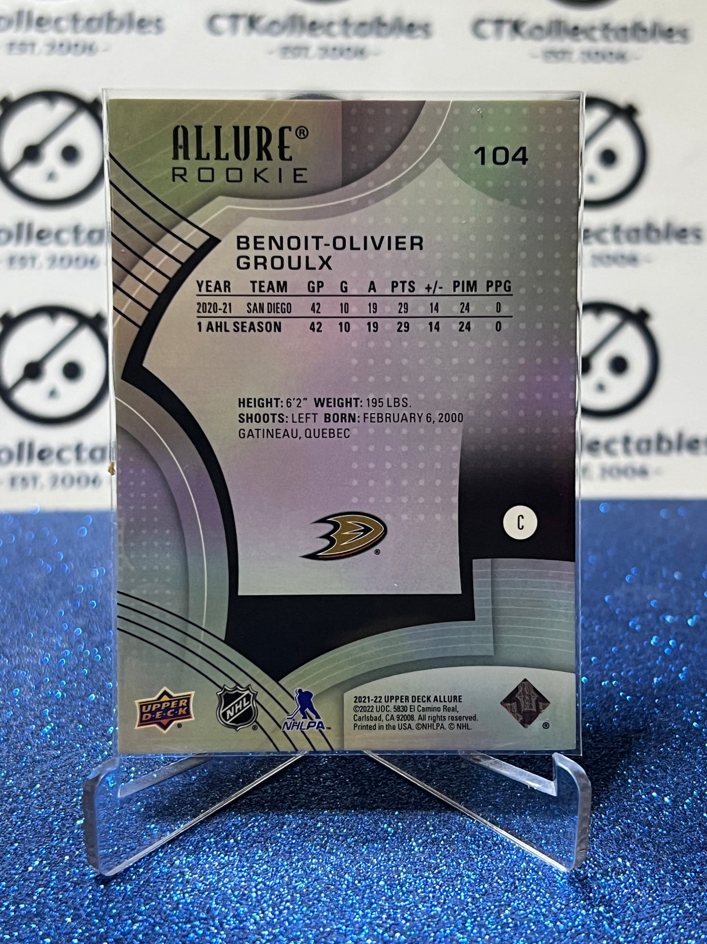2021-22 UPPER DECK ALLURE BENOIT-OLIVIER GRDULX # 104 ROOKIE ANAHEIM DUCKS NHL HOCKEY CARD