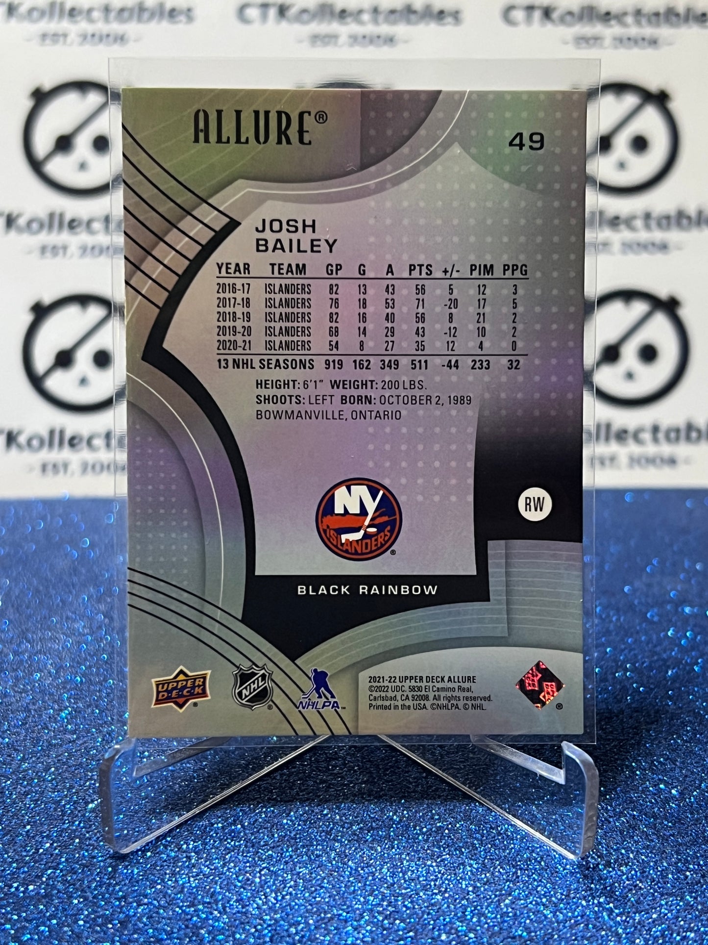 2021-22 UPPER DECK ALLURE JOSH BAILEY  # 49 BLACK RAINBOW NY ISLANDERS HOCKEY CARD