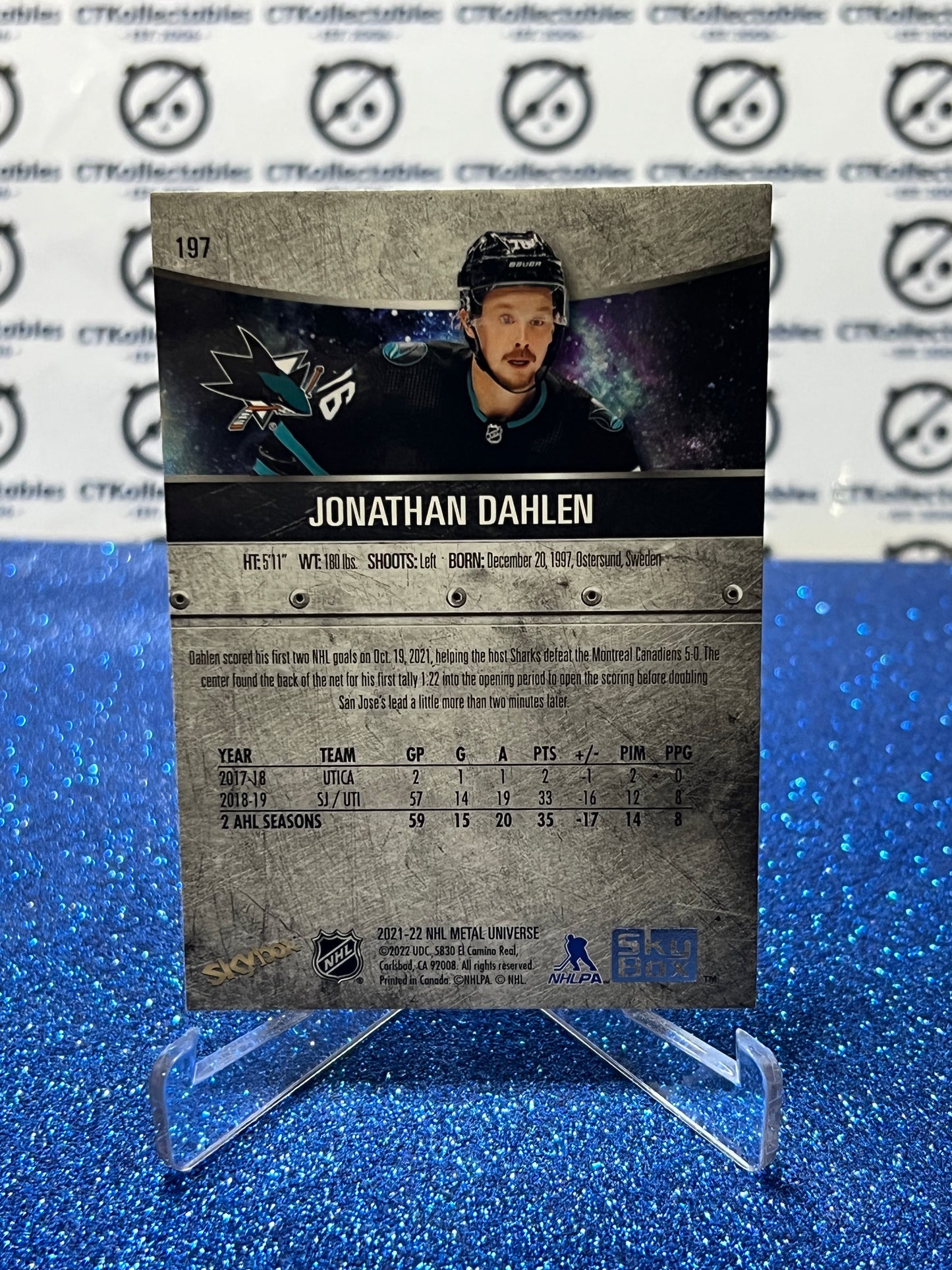 2021-22 SKYBOX METAL JONATHAN DAHLEN # 197 ROOKIE SAN JOSE SHARKS NHL HOCKEY CARD