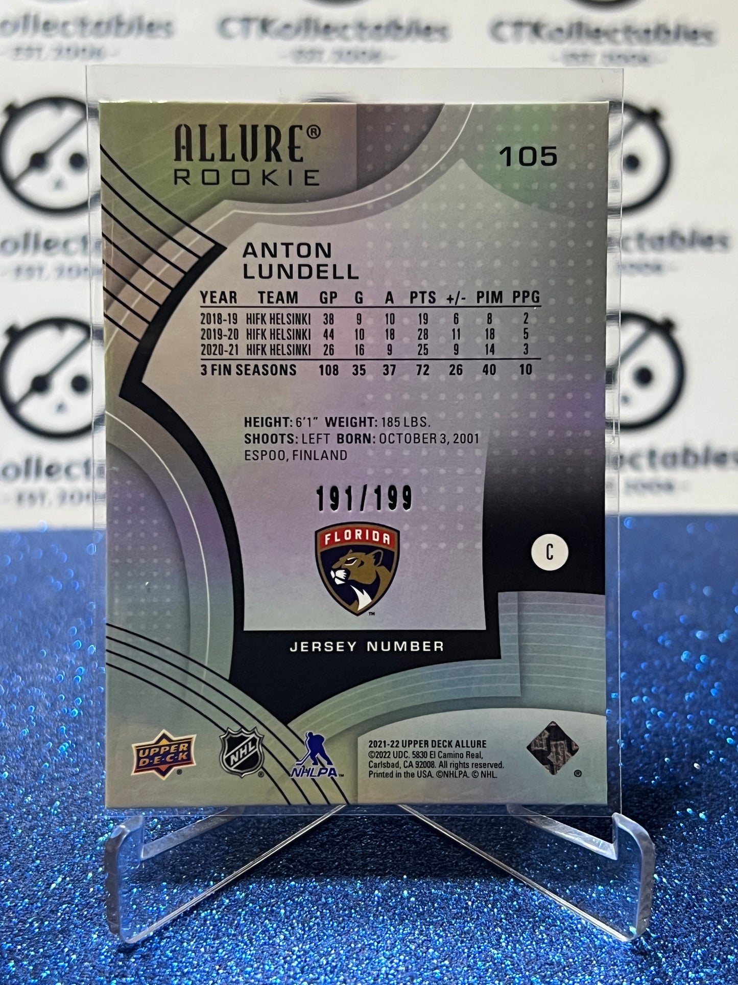 2021-22 UPPER DECK ALLURE ANTON LUNDELL # 105 ROOKIE /199 FLORIDA PANTHERS HOCKEY CARD